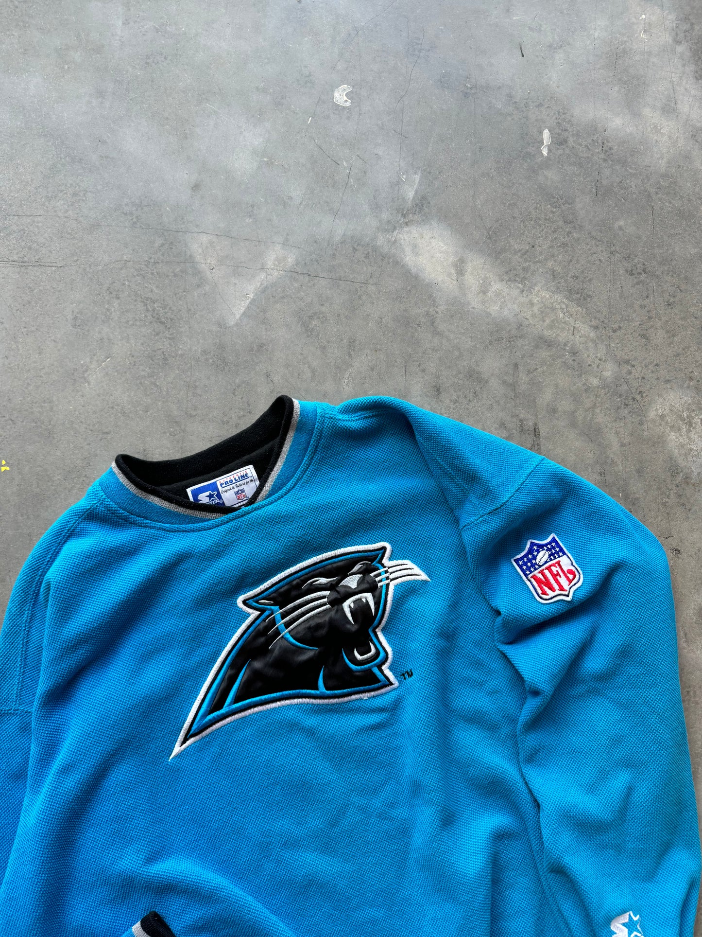 90’s Carolina Panthers Vintage Starter Electric Blue Knitted Heavyweight NFL Crewneck (Large)