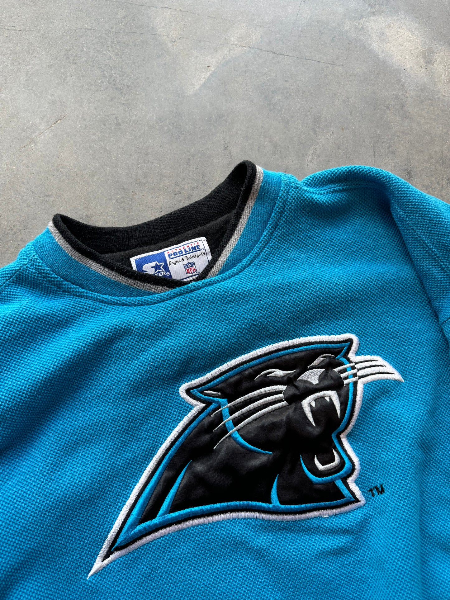 90’s Carolina Panthers Vintage Starter Electric Blue Knitted Heavyweight NFL Crewneck (Large)