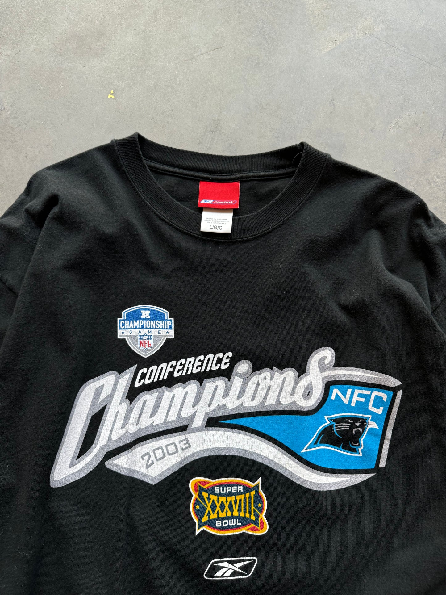 2003 Carolina Panthers Vintage Reebok NFC Champions Super Bowl XXXVIII NFL Tee (XL)