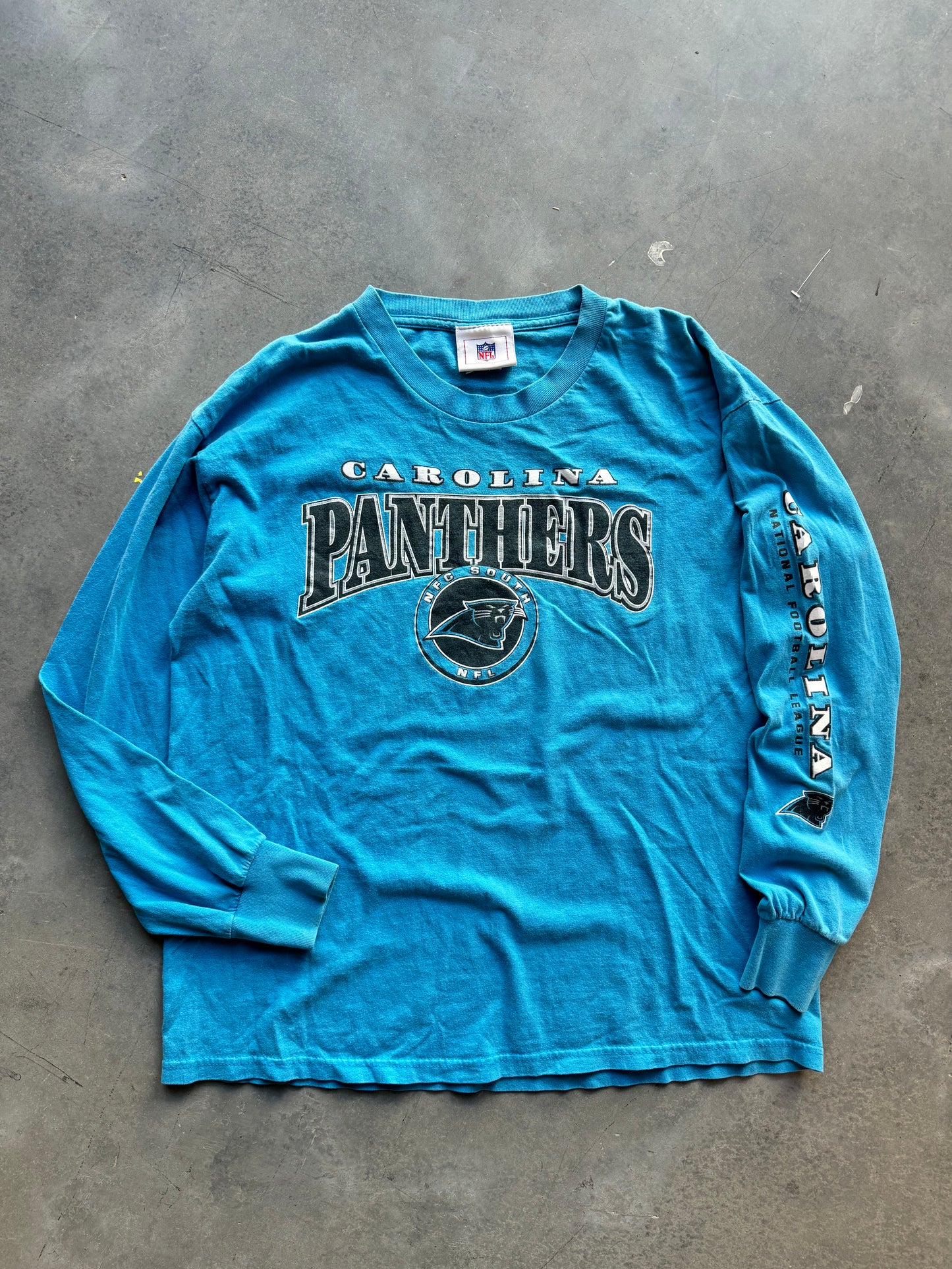 00’s Carolina Panthers Vintage Electric Blue NFC South Spellout NFL Longsleeve Tee (Large)