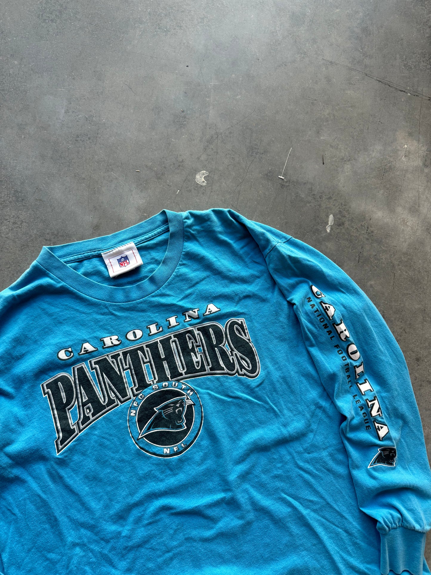 00’s Carolina Panthers Vintage Electric Blue NFC South Spellout NFL Longsleeve Tee (Large)