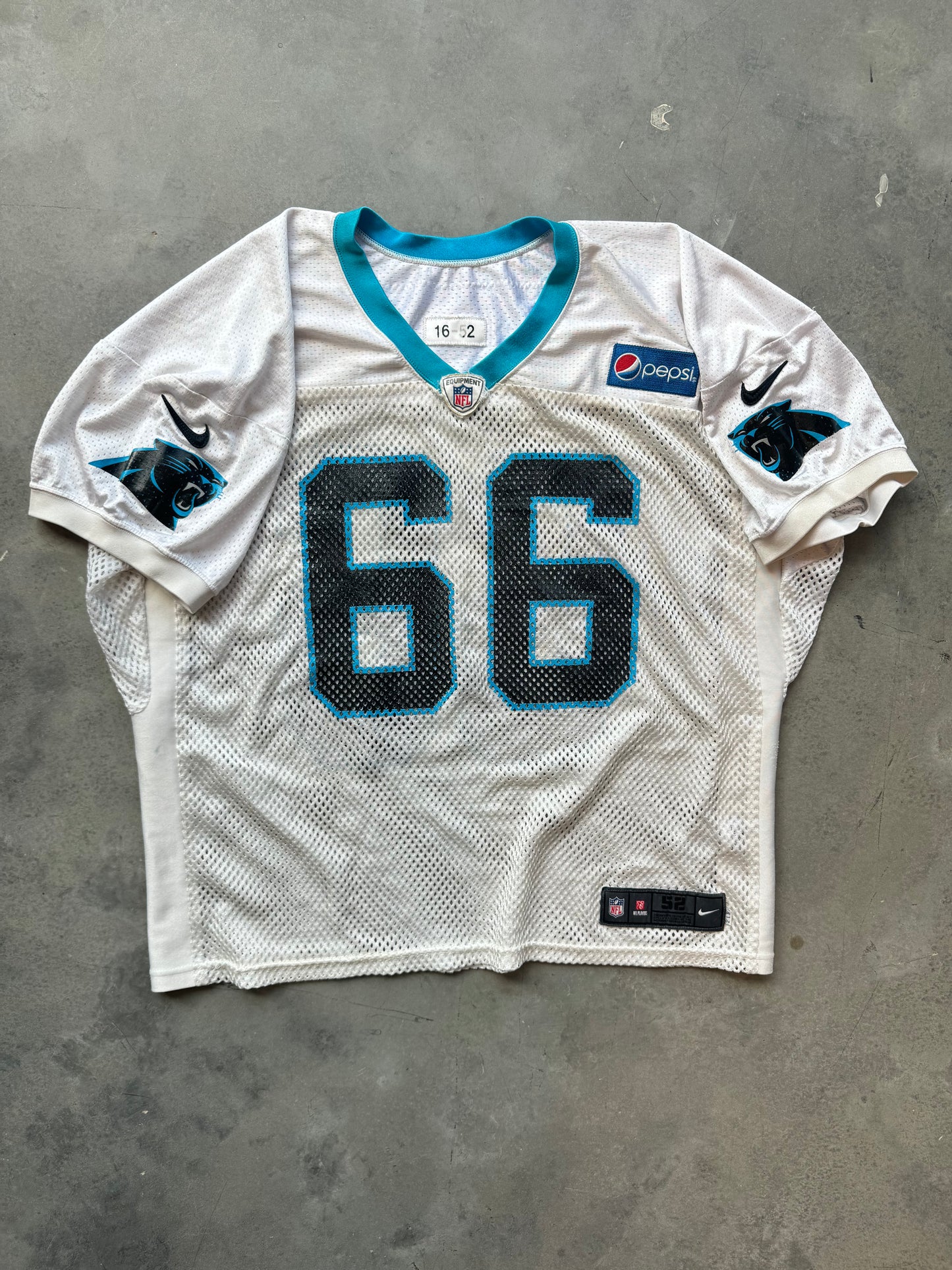 2016 Carolina Panthers x Pepsi #66 White Nike Fishnet Mesh Team Issued Worn Practice NFL Jersey (52)