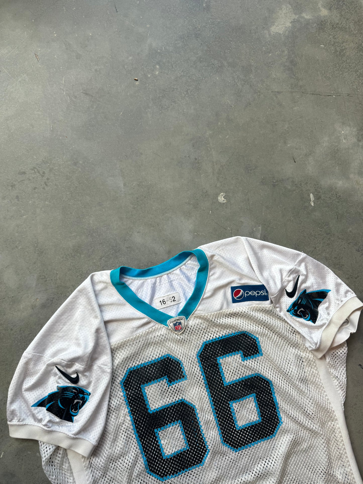 2016 Carolina Panthers x Pepsi #66 White Nike Fishnet Mesh Team Issued Worn Practice NFL Jersey (52)