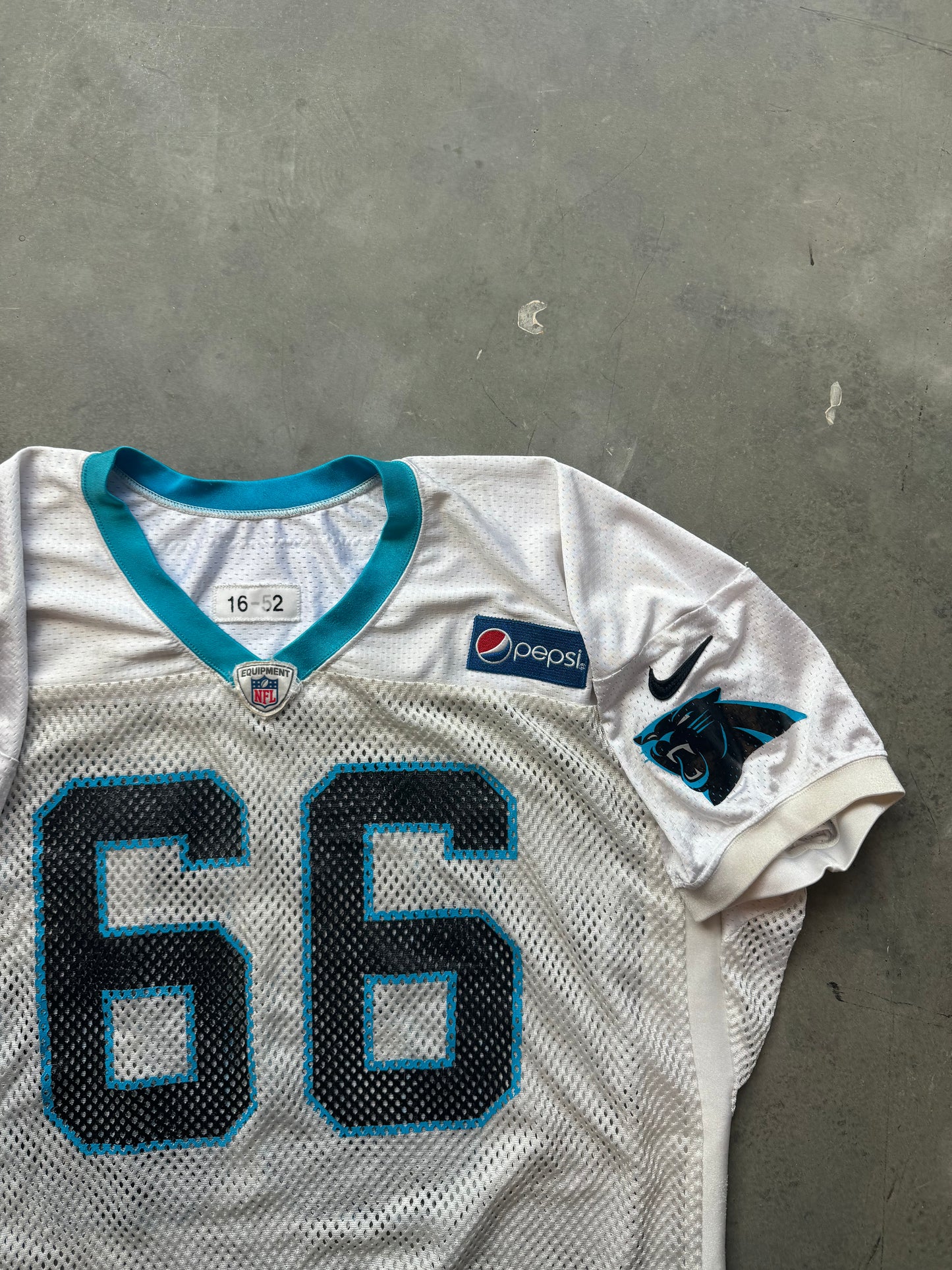 2016 Carolina Panthers x Pepsi #66 White Nike Fishnet Mesh Team Issued Worn Practice NFL Jersey (52)