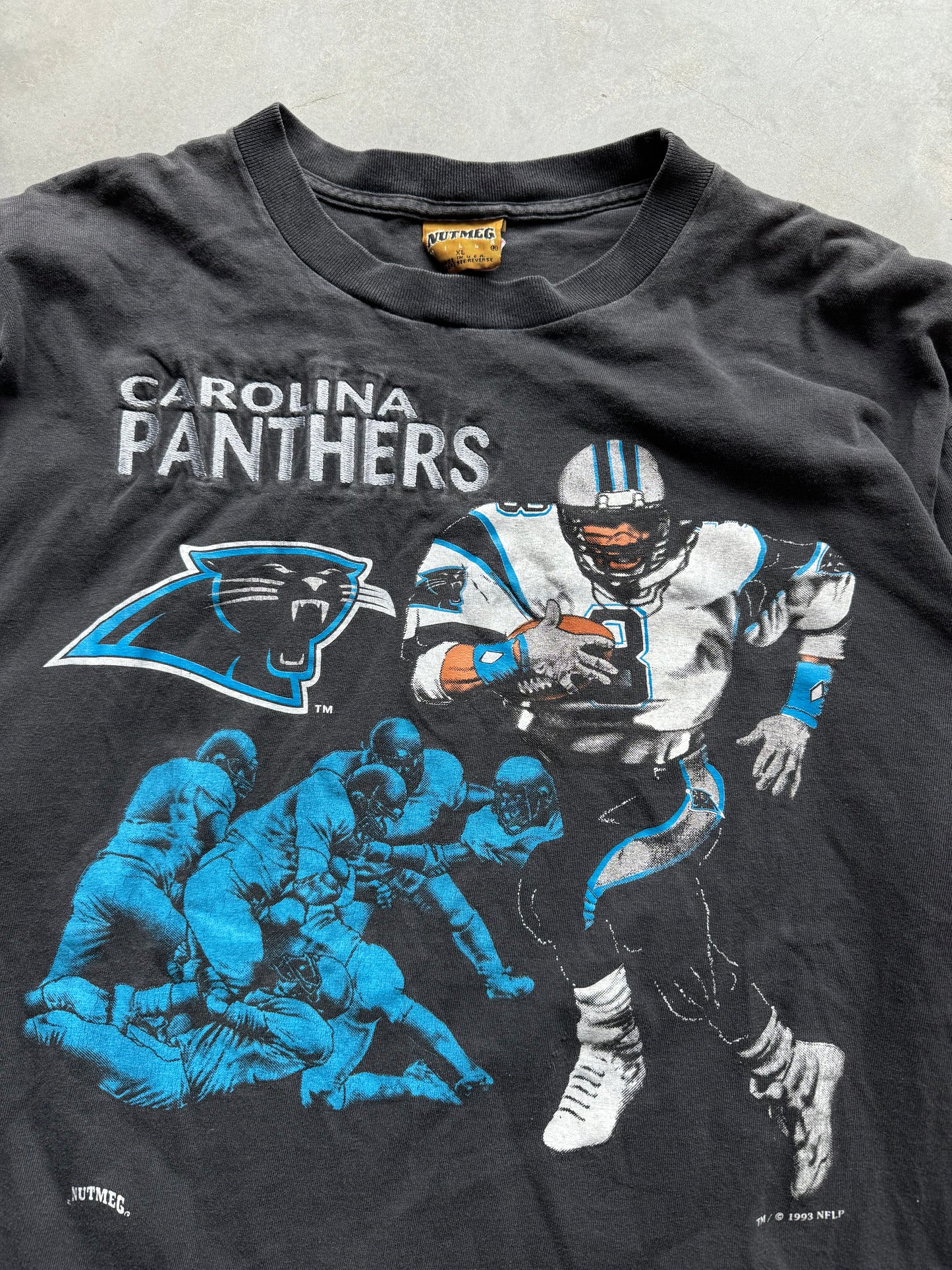 1993 Carolina Panthers Vintage Nutmeg Mills Embroidered Spellout Player NFL Tee (XL)