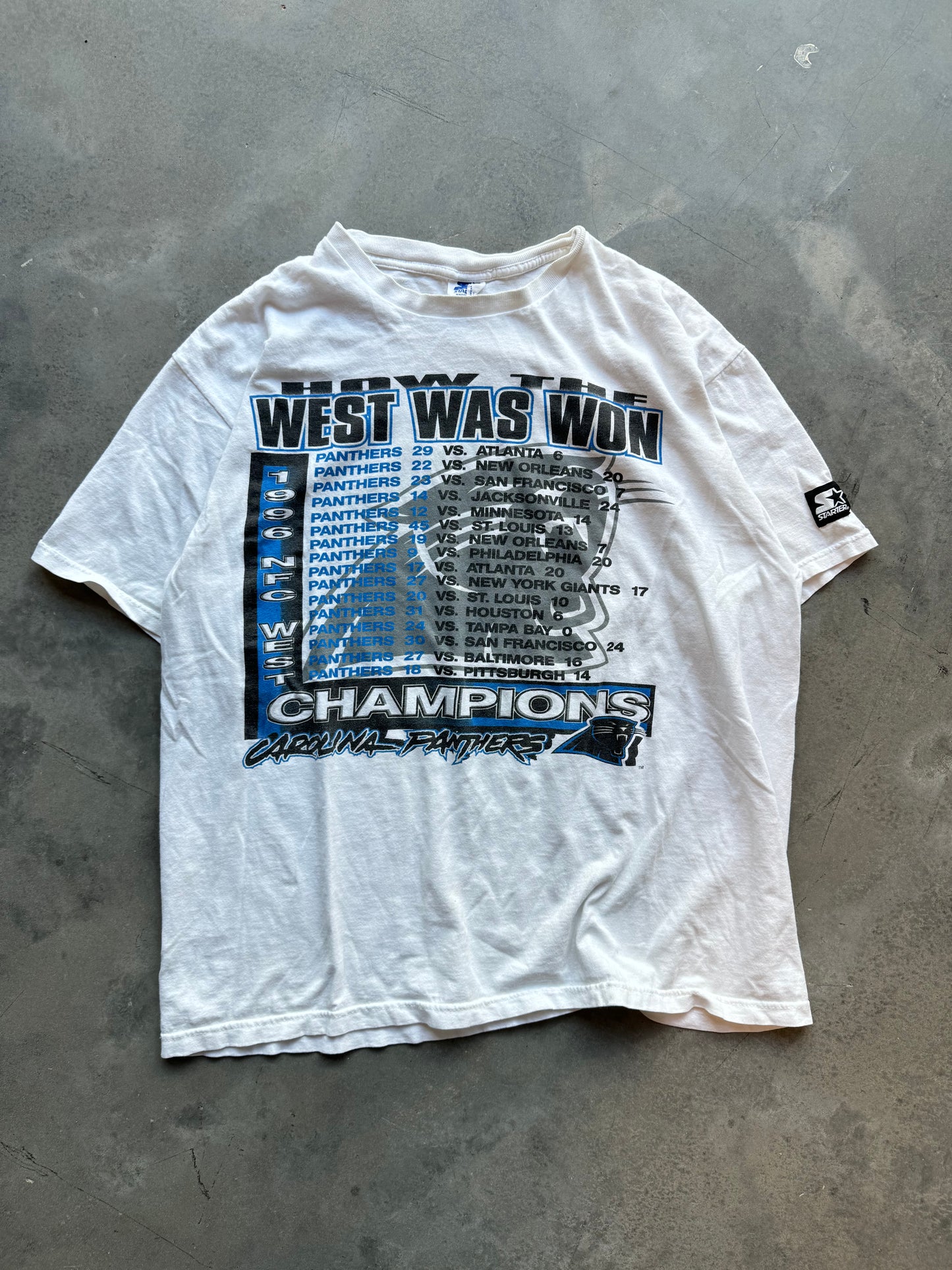 1996 Carolina Panthers Vintage Starter “How the West Was Won” NFL Schedule Tee (Large)