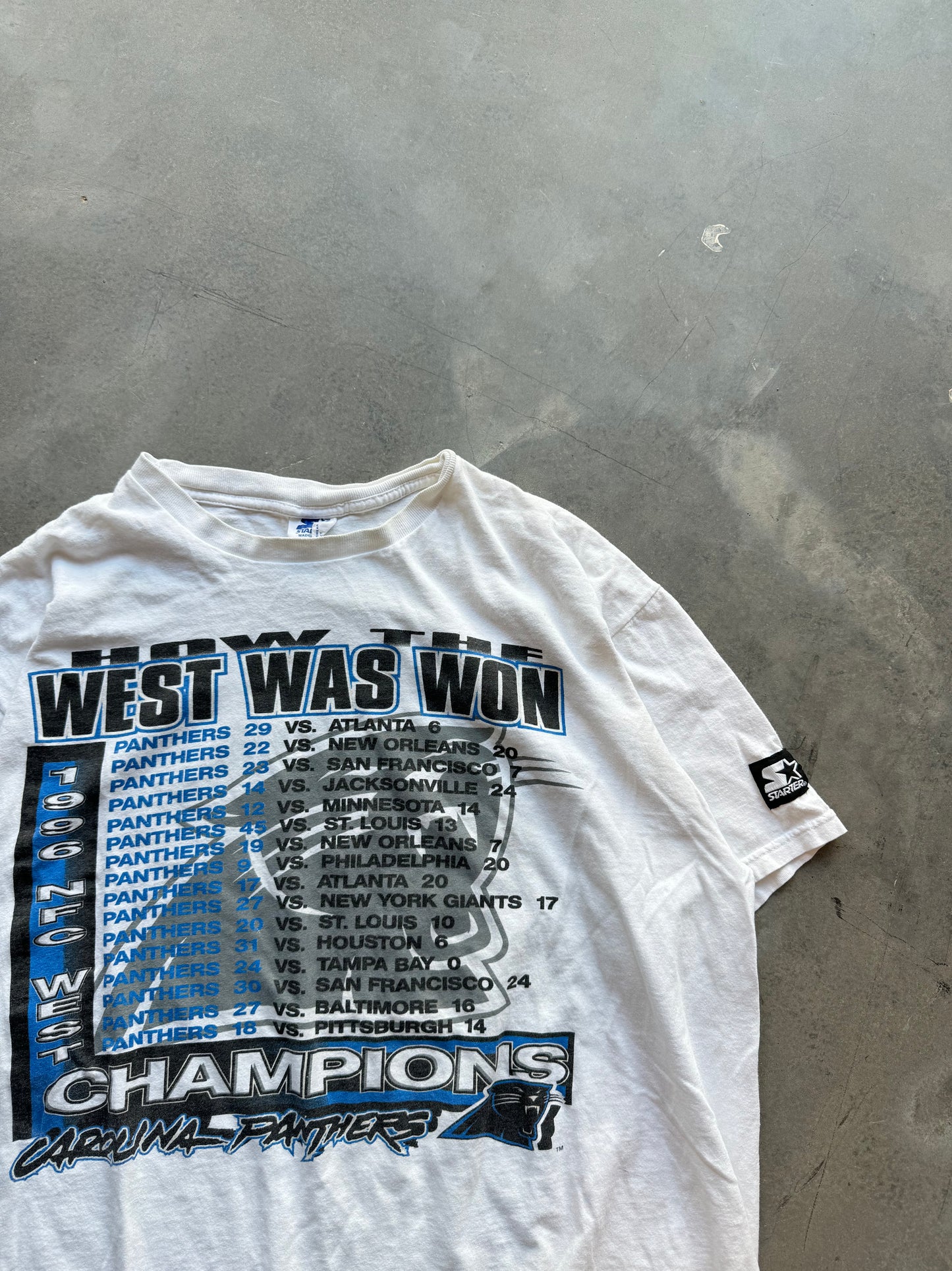 1996 Carolina Panthers Vintage Starter “How the West Was Won” NFL Schedule Tee (Large)