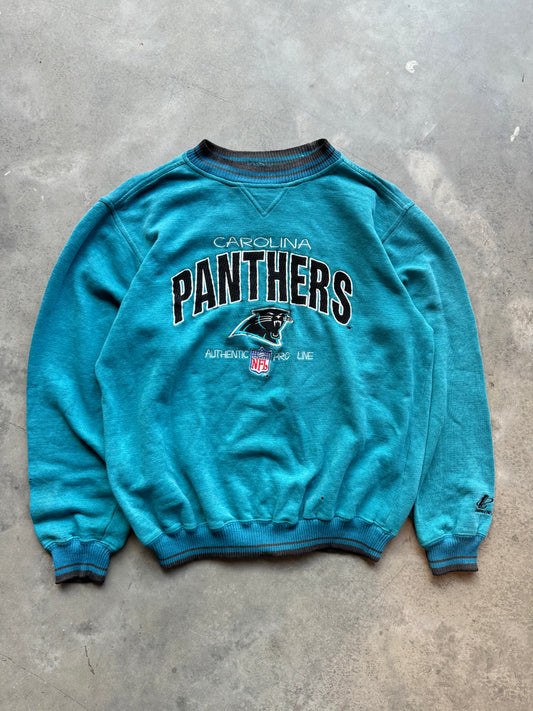 90’s Carolina Panthers Vintage Logo Athletic Electric Blue Embroidered Distressed NFL Crewneck (Large)