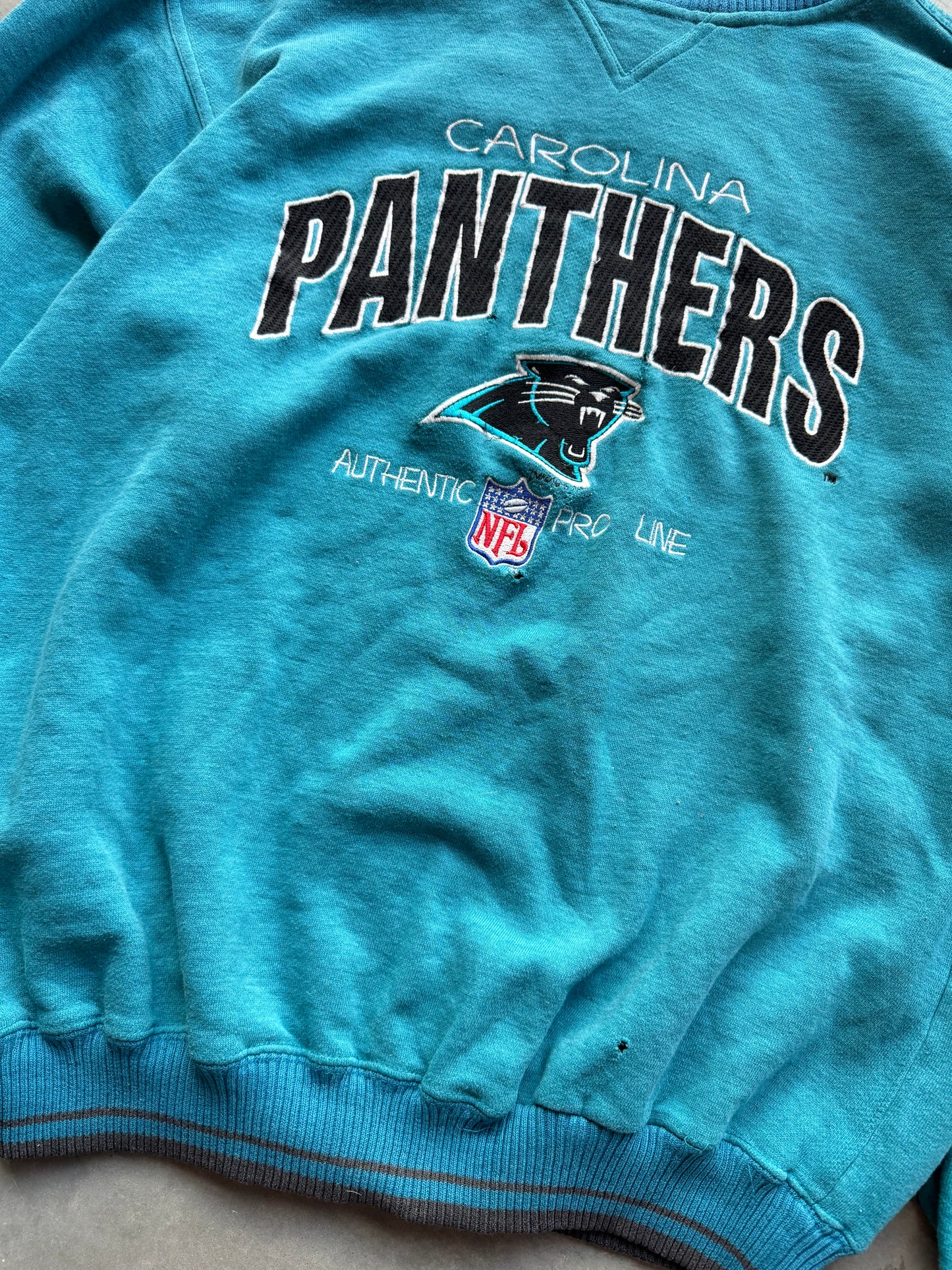 90’s Carolina Panthers Vintage Logo Athletic Electric Blue Embroidered Distressed NFL Crewneck (Large)