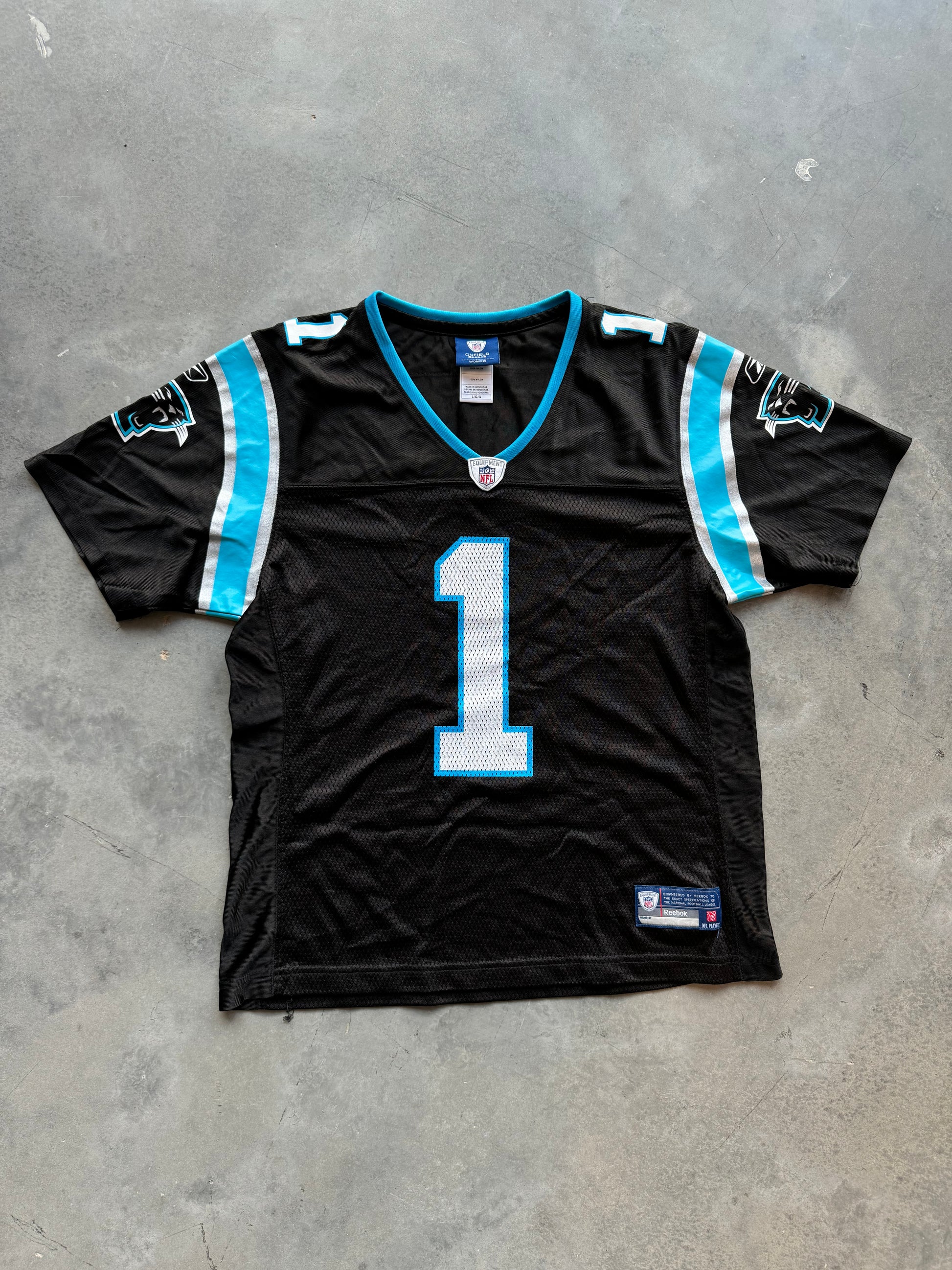 LR 2011 Carolina Panthers Cam Newton Vintage Rookie Year Black Reebok NFL Jersey Women s Large