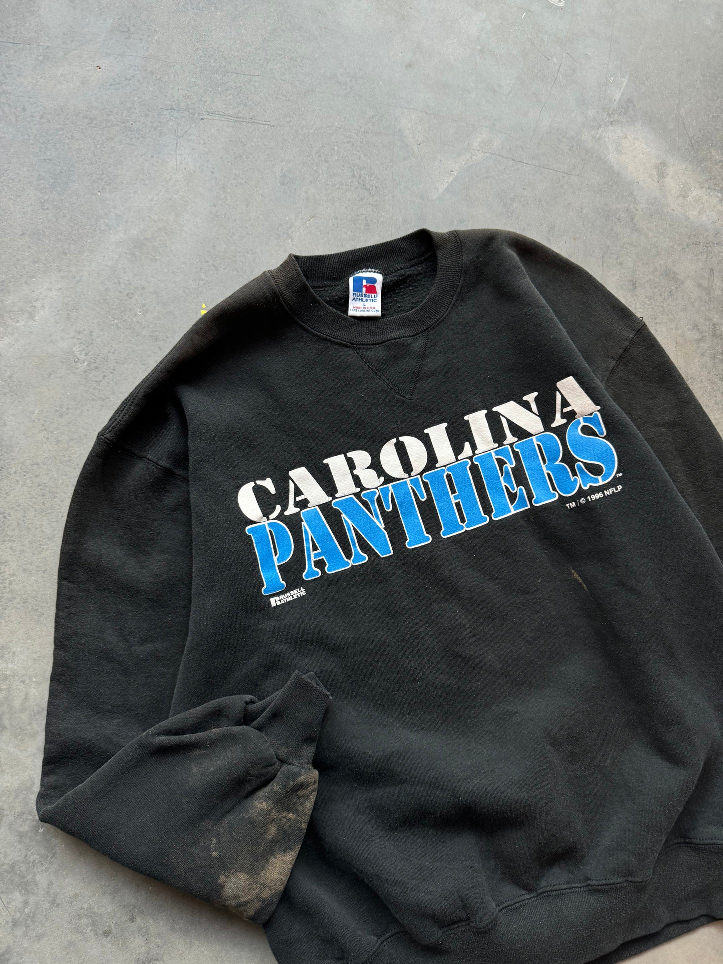 1996 Carolina Panthers Vintage Russell Athletic Bleached NFL Crewneck (Large)