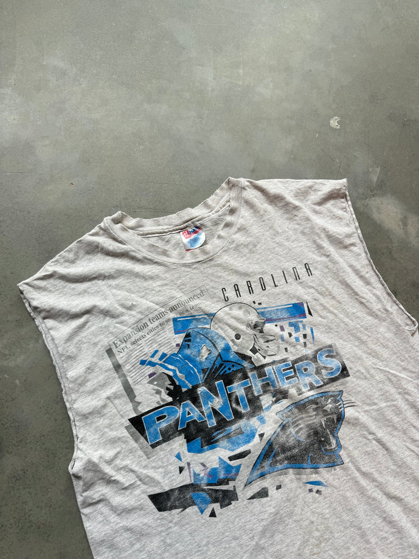 1993 Carolina Panthers Vintage Heather Grey Distressed NFL Cut Off Tee (XL)