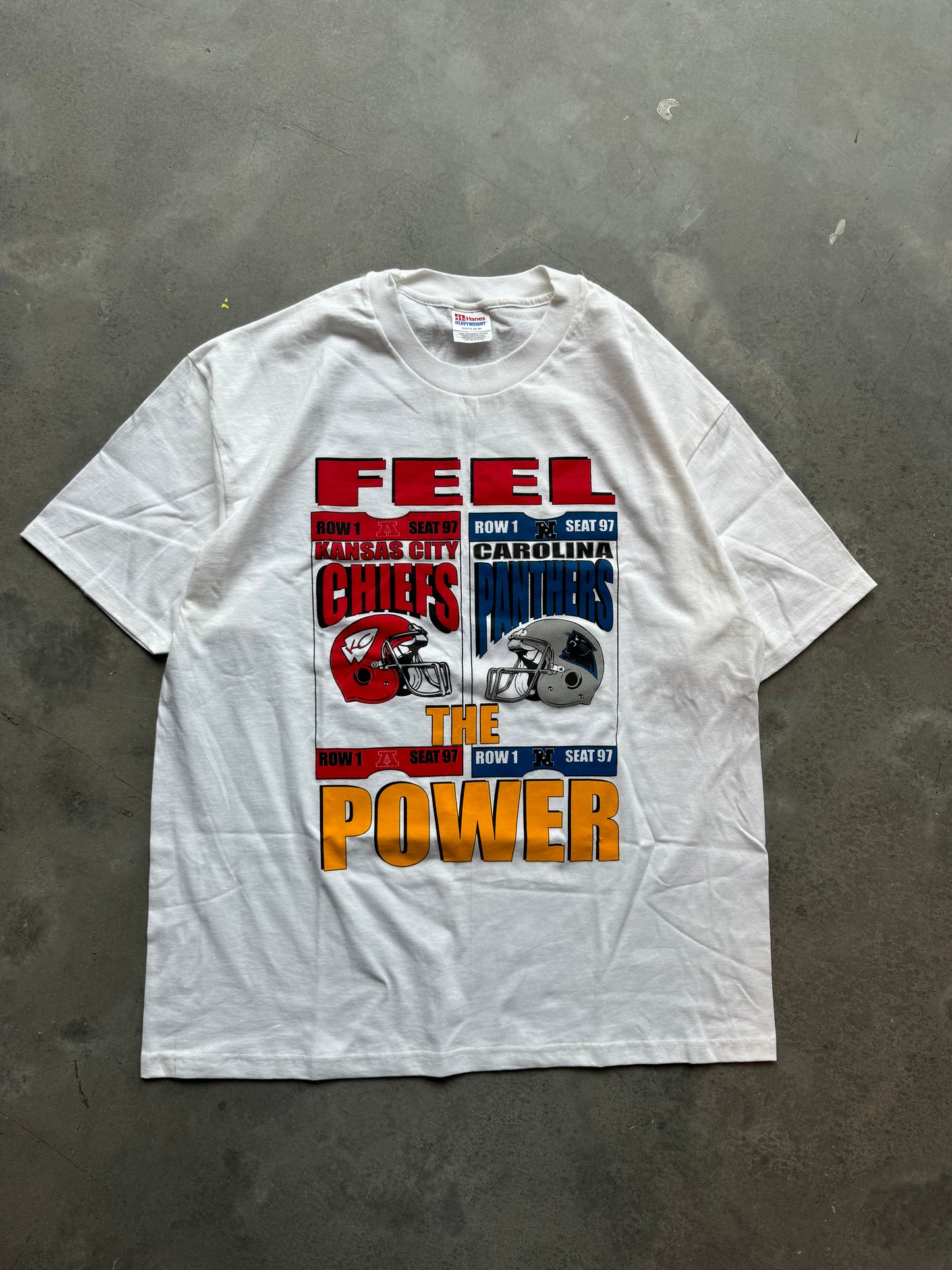 1997 Carolina Panthers vs. Kansas City Chiefs “Feel the Power” Vintage NFL Match Up Tee - Deadstock (XL)