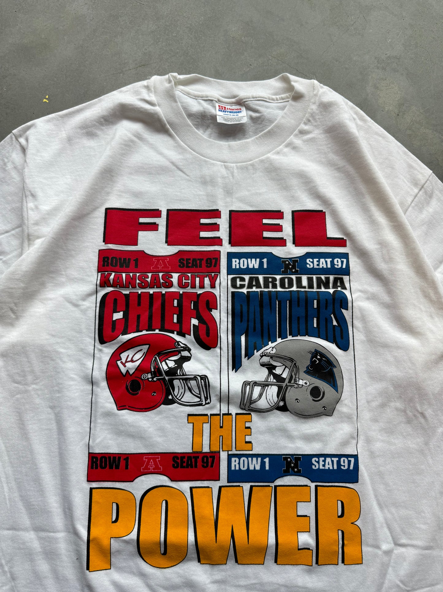 1997 Carolina Panthers vs. Kansas City Chiefs “Feel the Power” Vintage NFL Match Up Tee - Deadstock (XL)