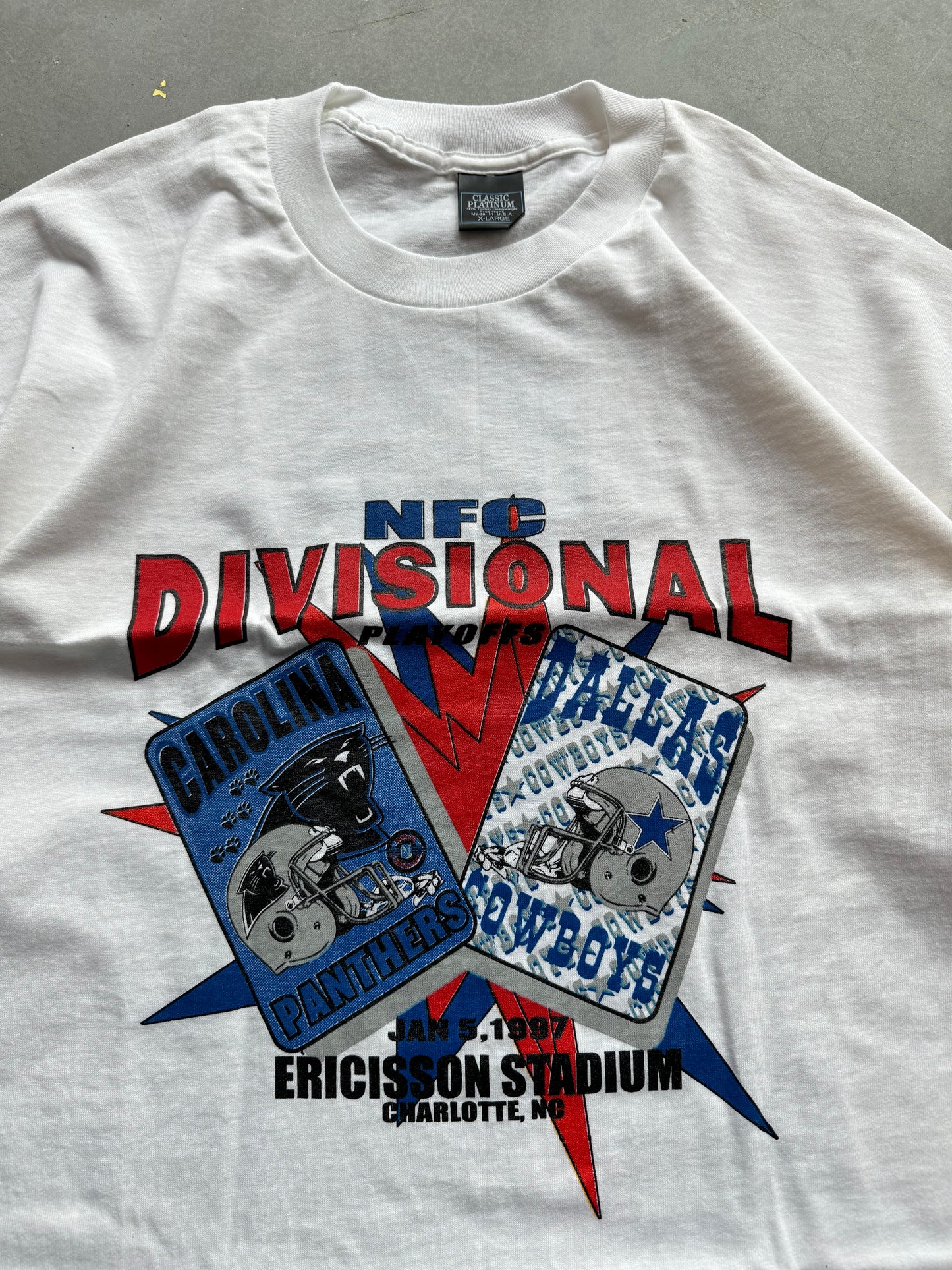 1997 Carolina Panthers vs. Dallas Cowboys NFC Divisional Playoffs “Feel the Power” Vintage NFL Tee - Deadstock (XL)