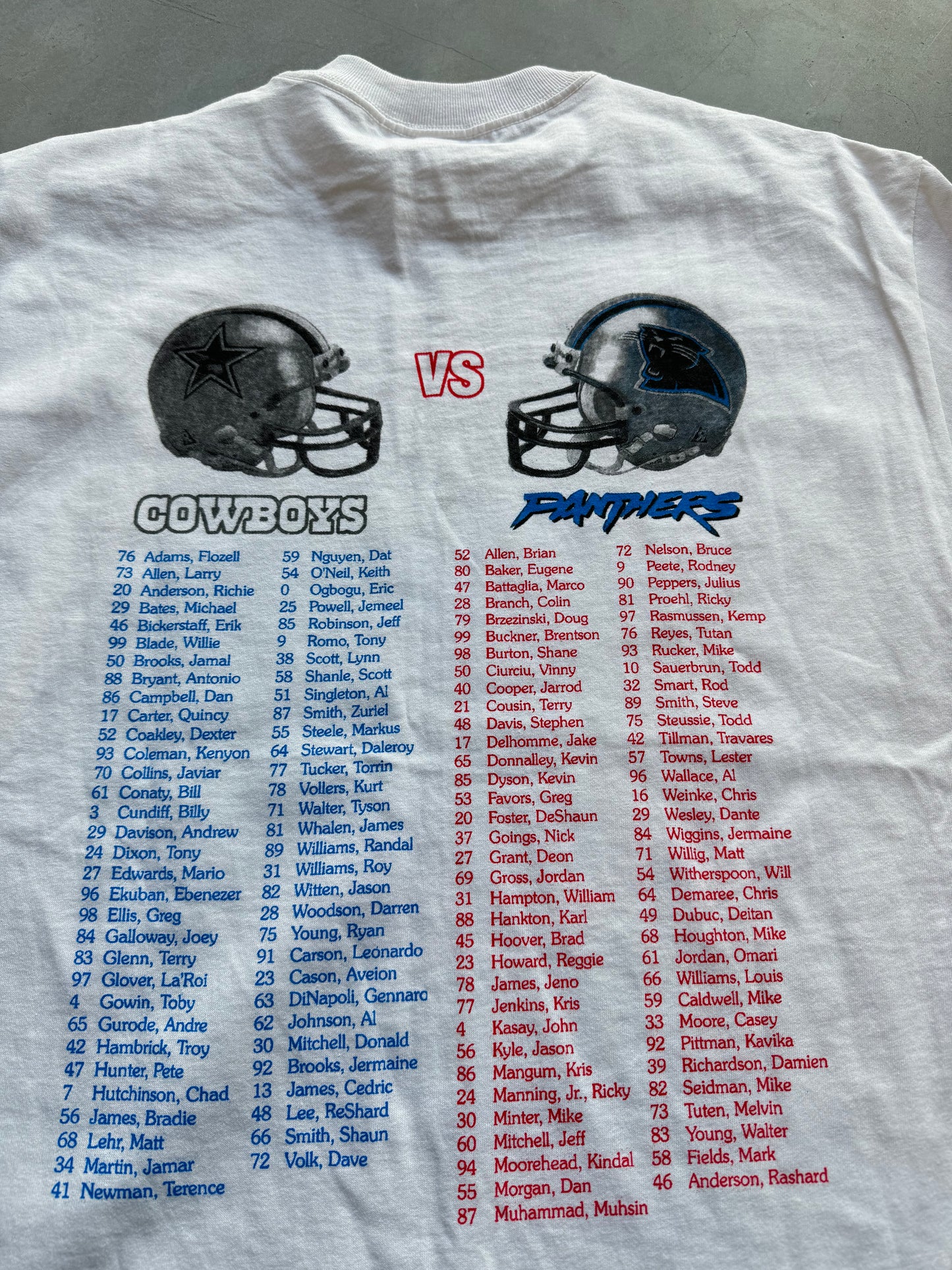 2004 Carolina Panthers vs. Dallas Cowboys Vintage NFL Wild Card Playoffs Roster Match Up Tee - Deadstock (Large)