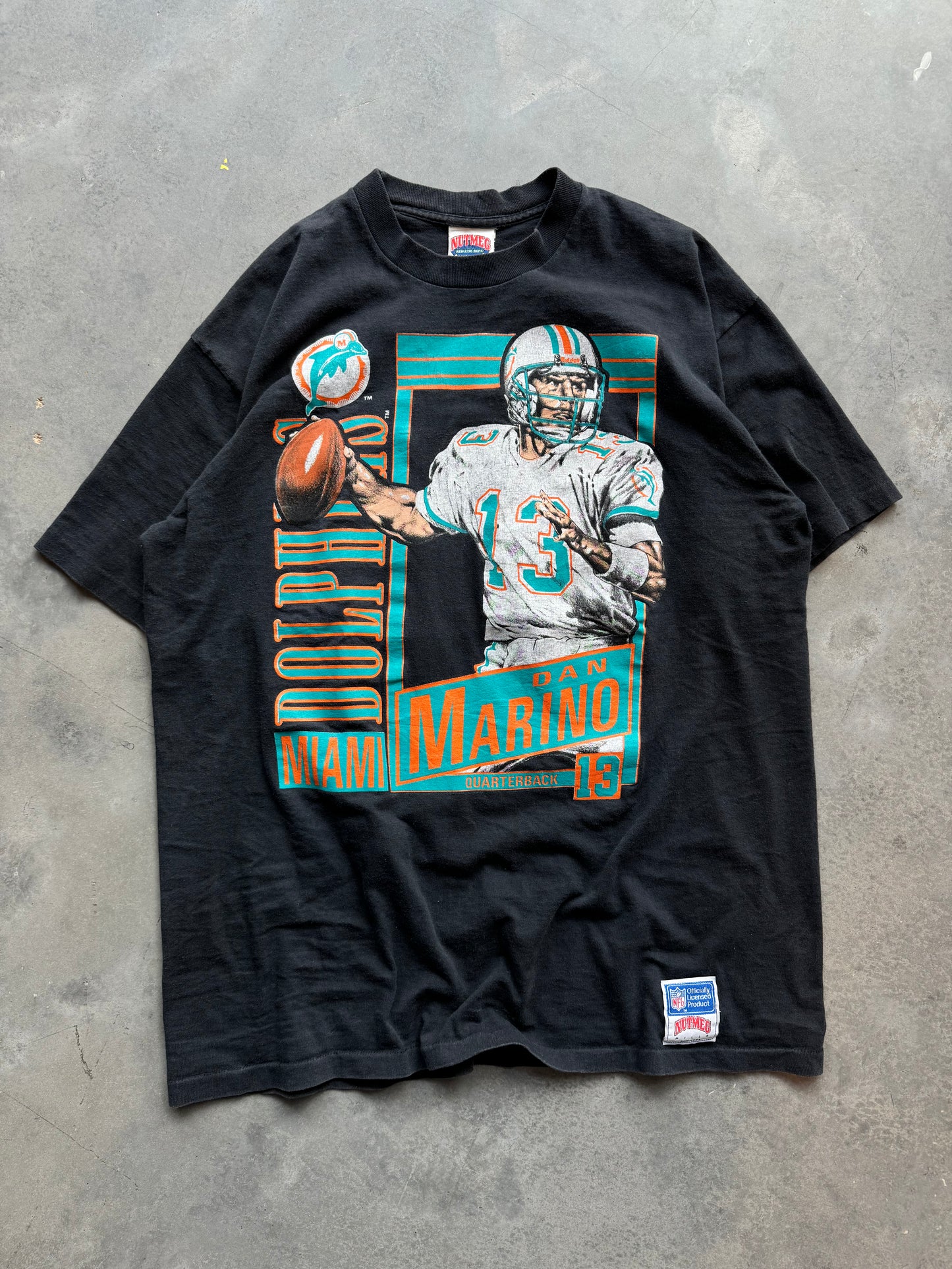 90’s Miami Dolphins Dan Marino Vintage Nutmeg Mills Player Card NFL Tee (XL)