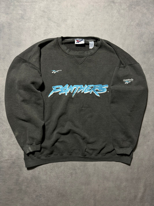 1995 Carolina Panthers Vintage Faded Black Reebok Embroidered Cat Scratch Font NFL Crewneck (Large)