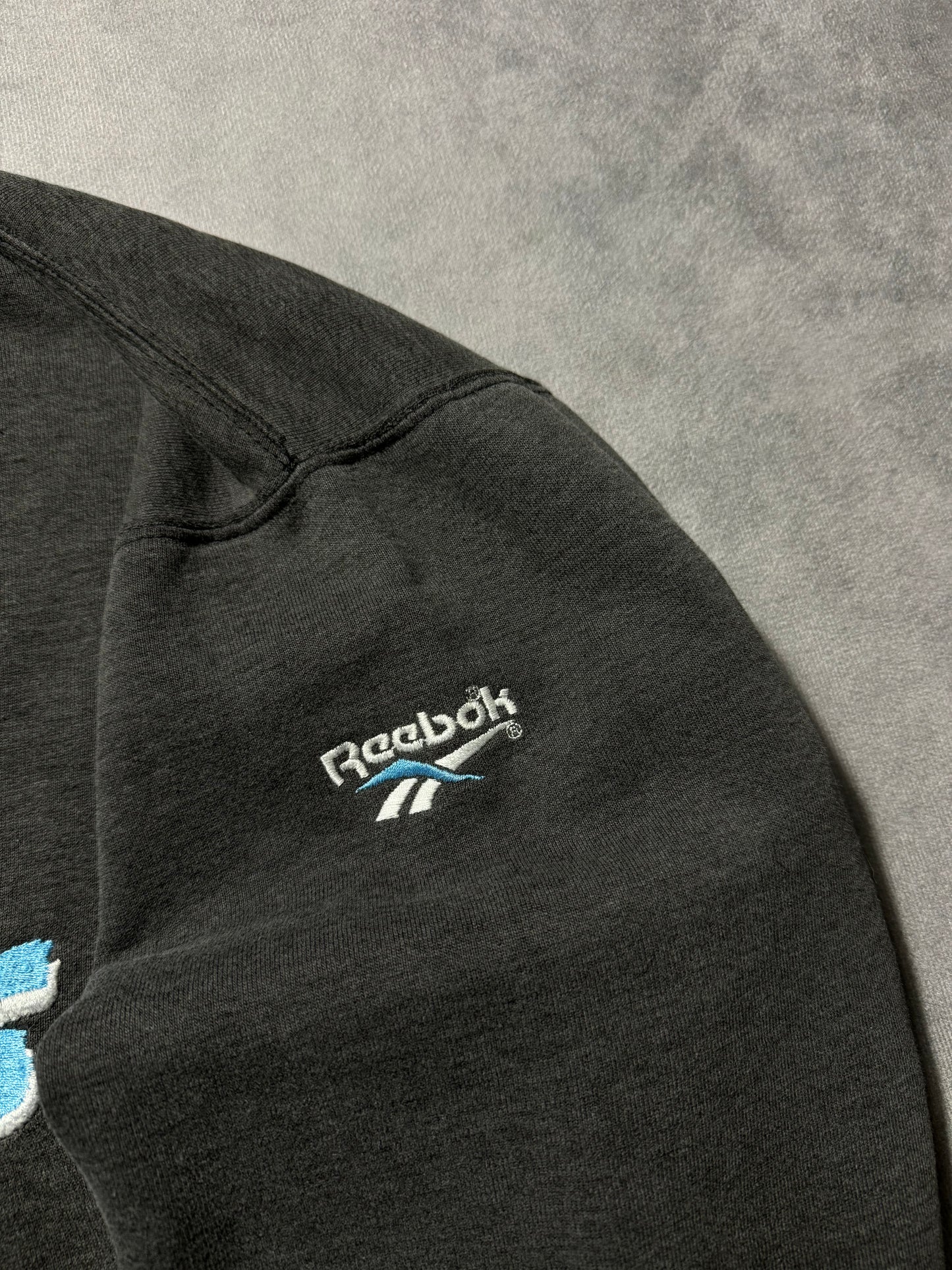 1995 Carolina Panthers Vintage Faded Black Reebok Embroidered Cat Scratch Font NFL Crewneck (Large)