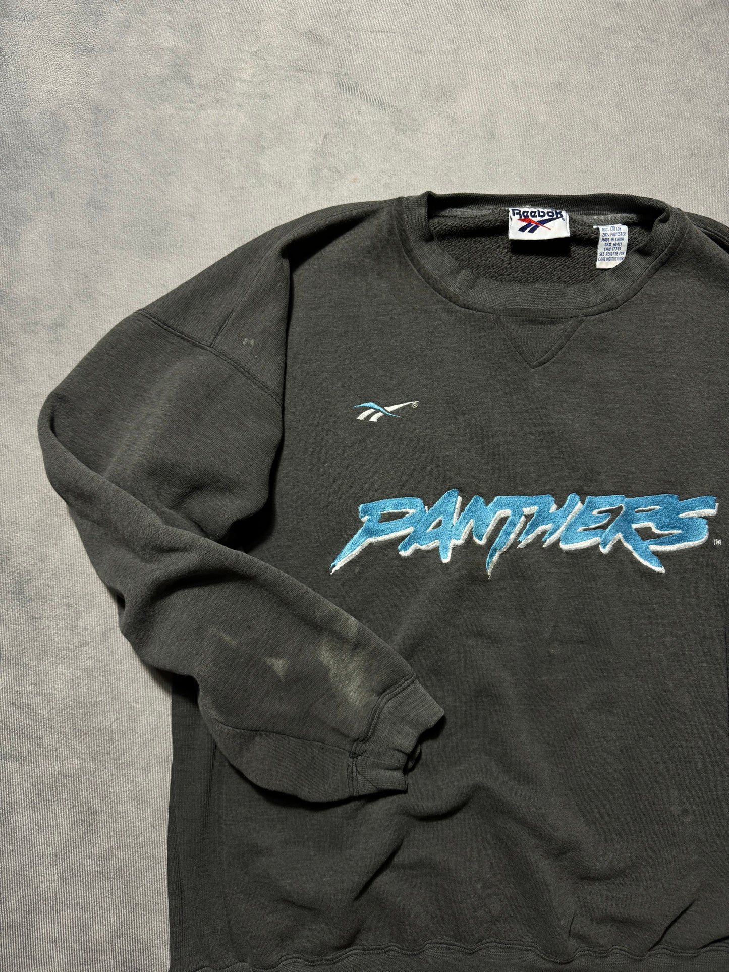 1995 Carolina Panthers Vintage Faded Black Reebok Embroidered Cat Scratch Font NFL Crewneck (Large)