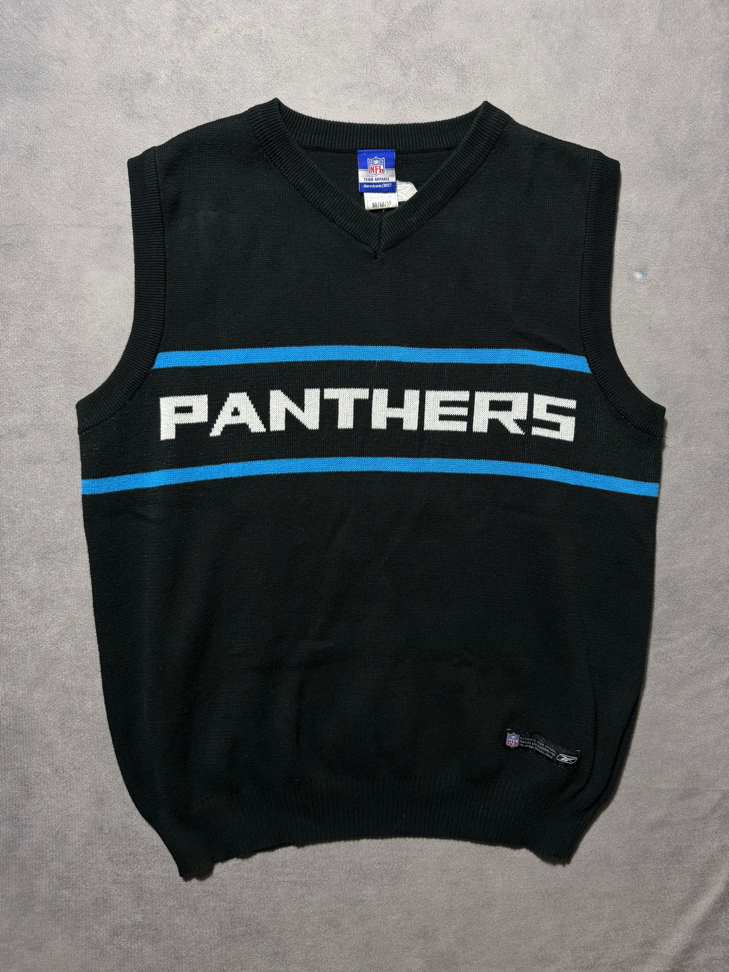00’s Carolina Panthers Vintage Black Reebok Bar Logo Spellout Sideline Sweater Vest (Medium)