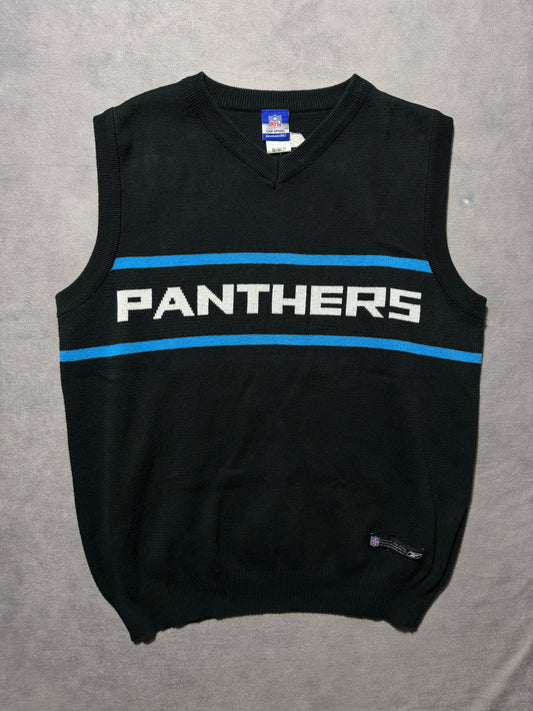 00’s Carolina Panthers Vintage Black Reebok Bar Logo Spellout Sideline Sweater Vest (Medium)