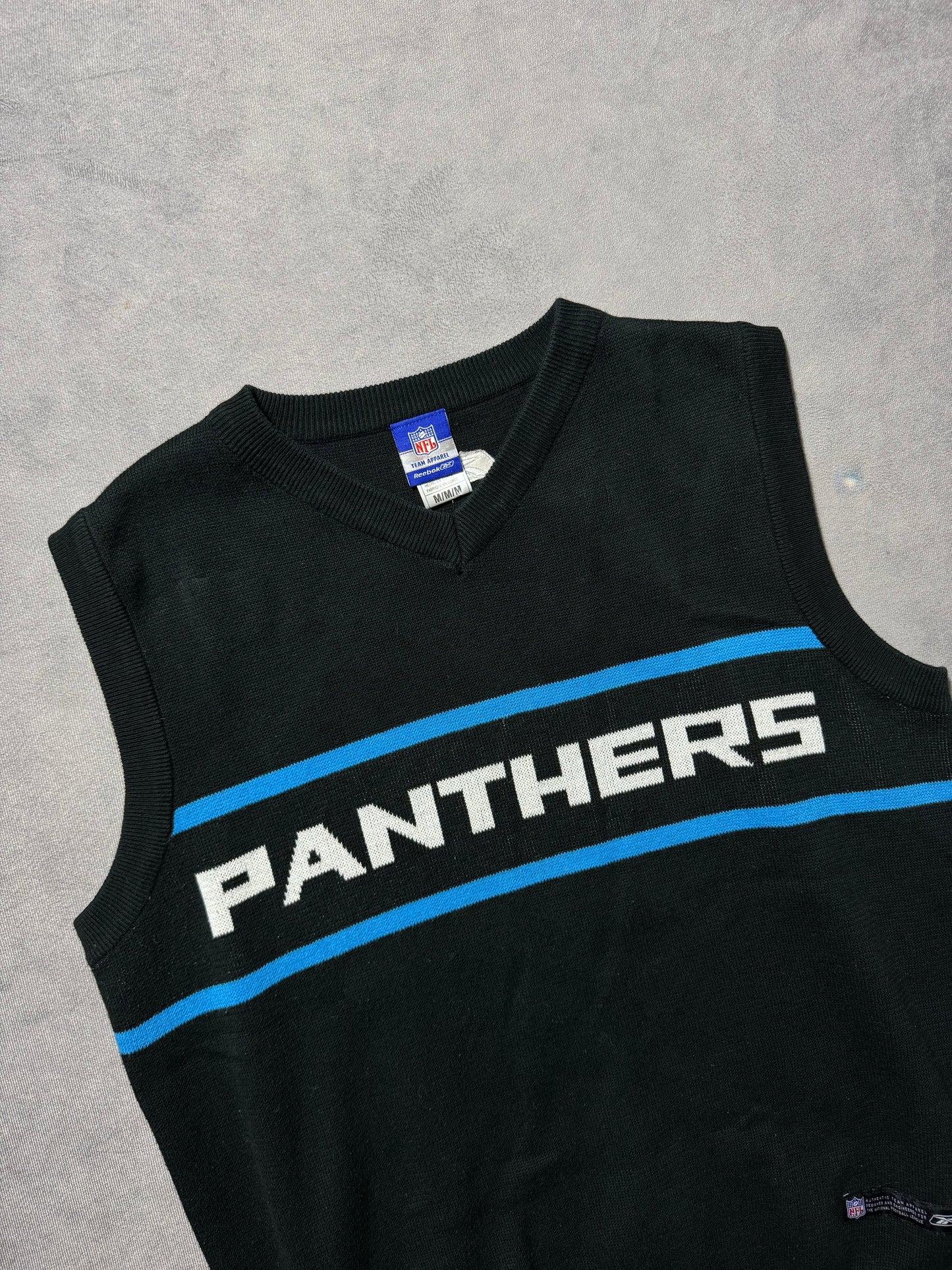 00’s Carolina Panthers Vintage Black Reebok Bar Logo Spellout Sideline Sweater Vest (Medium)
