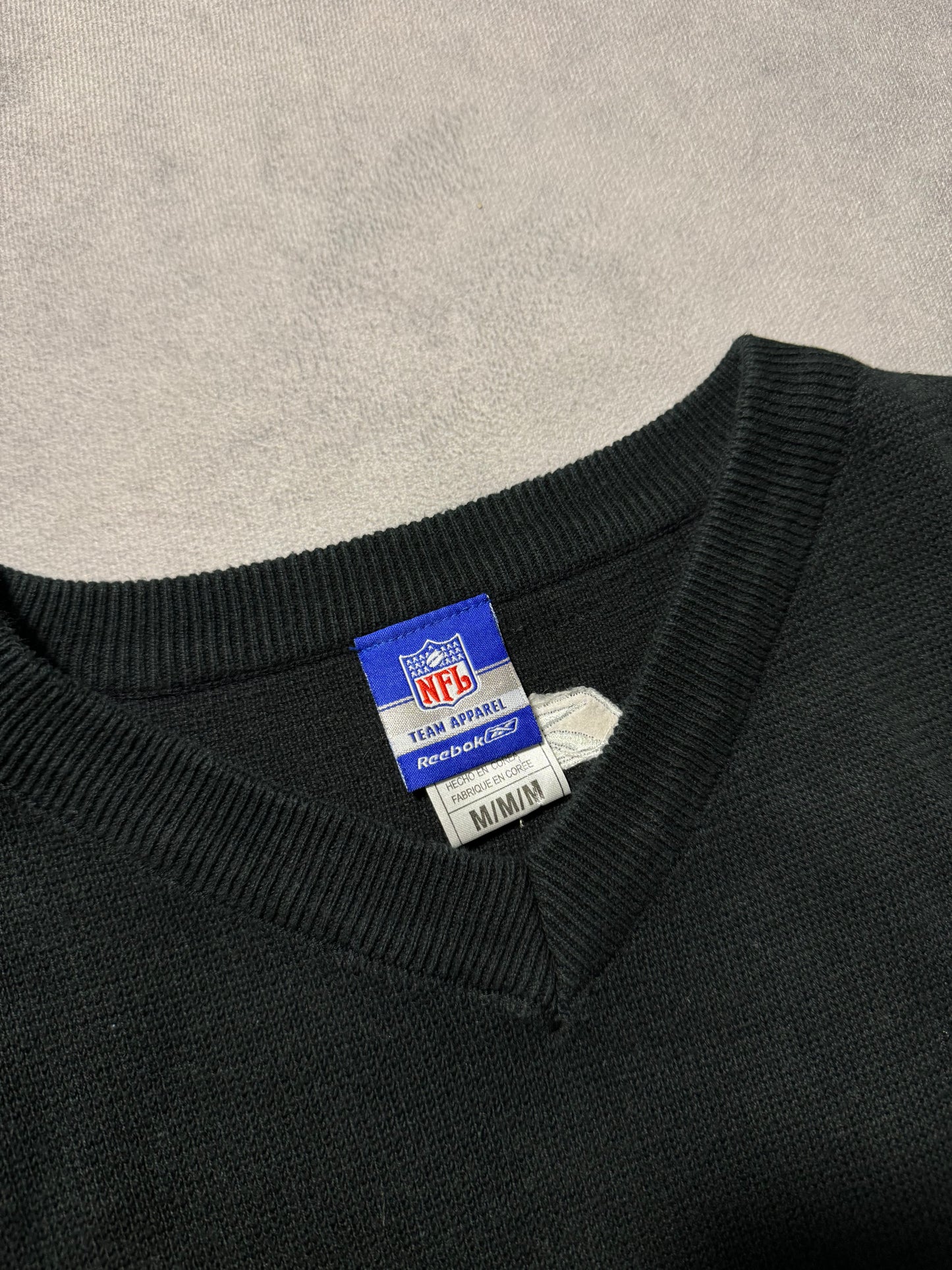 00’s Carolina Panthers Vintage Black Reebok Bar Logo Spellout Sideline Sweater Vest (Medium)