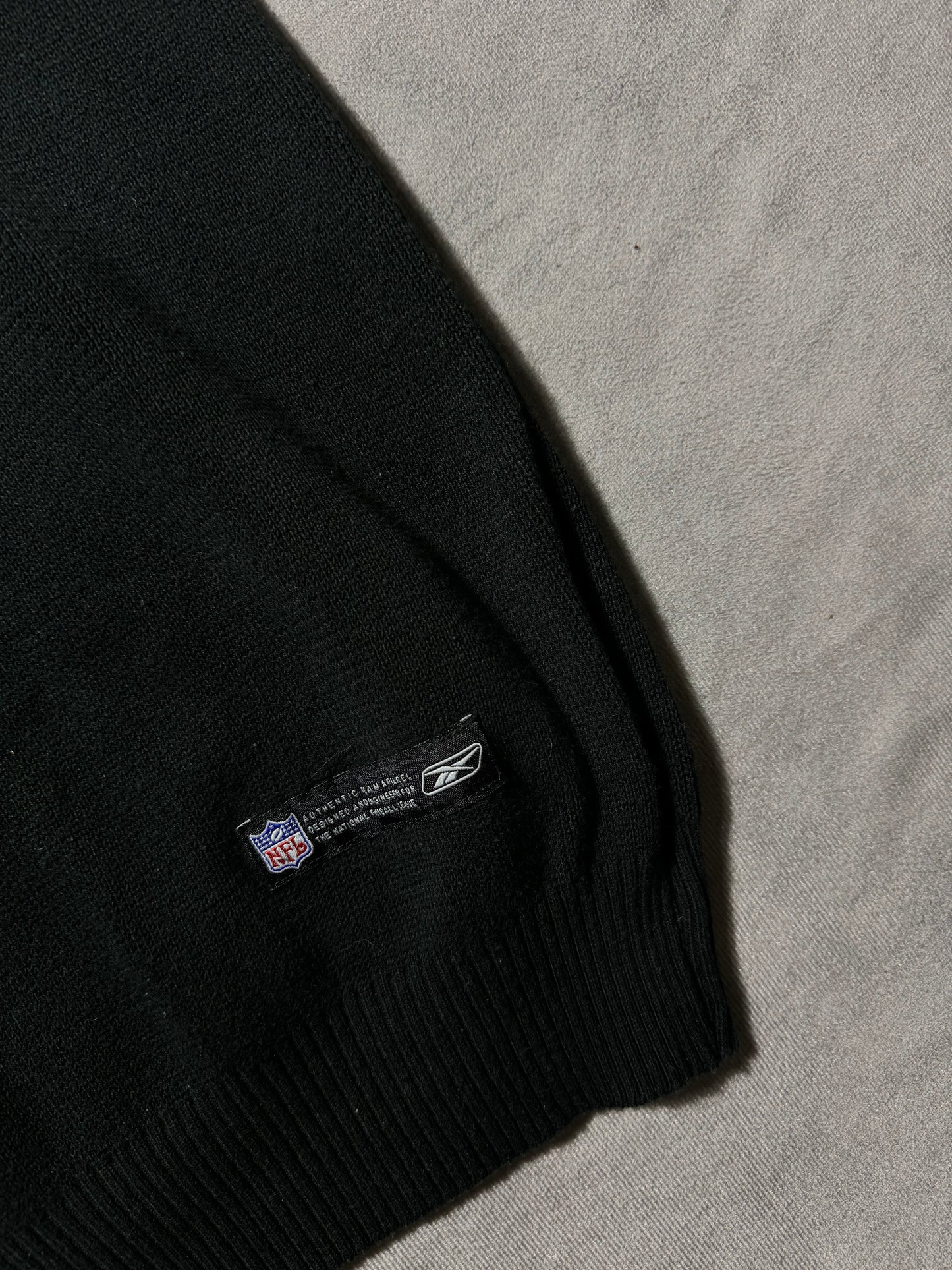 00’s Carolina Panthers Vintage Black Reebok Bar Logo Spellout Sideline Sweater Vest (Medium)