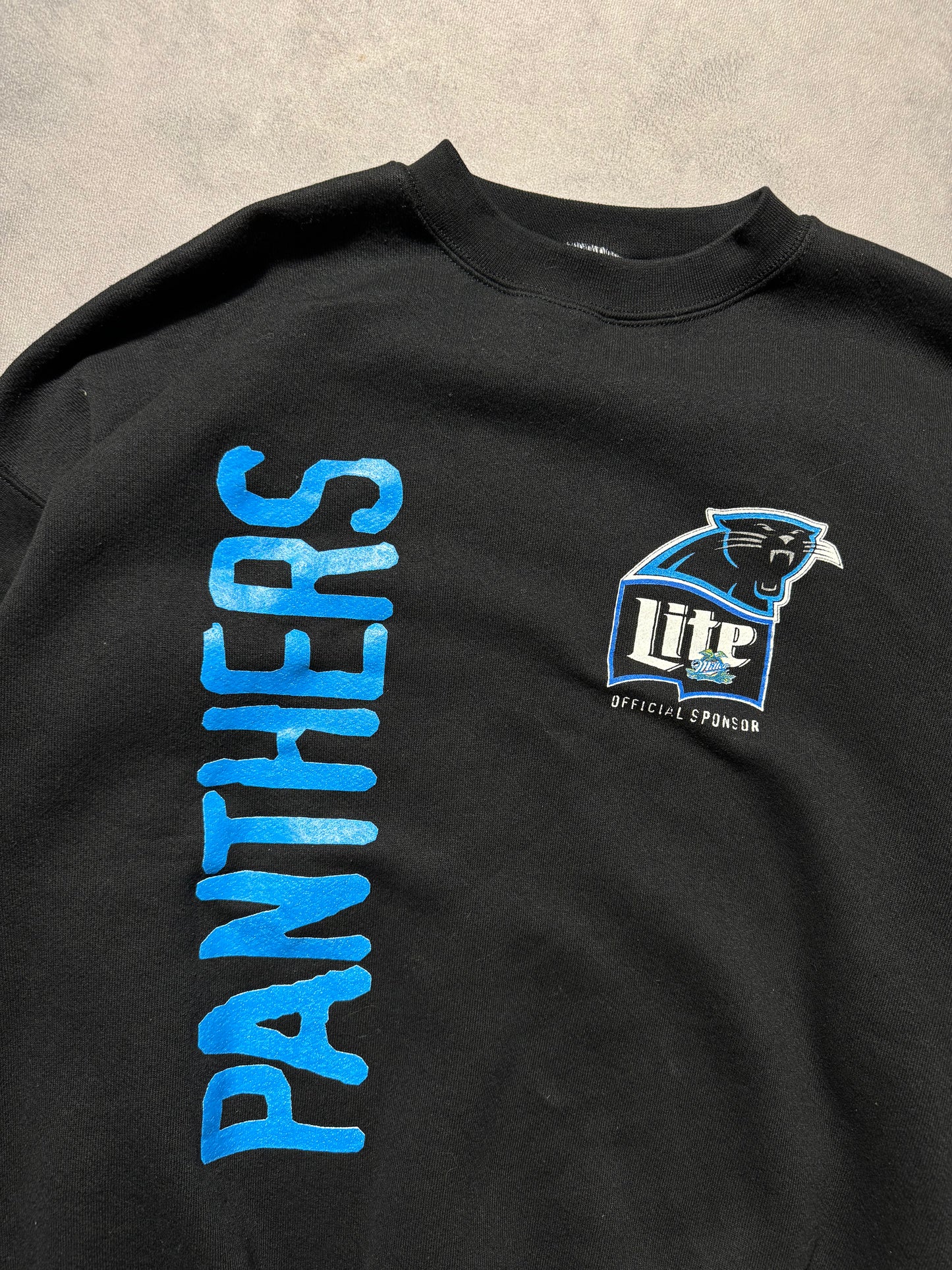 90’s Carolina Panthers x Miller Lite Vintage Black Spellout Heavyweight NFL Crewneck (XL)