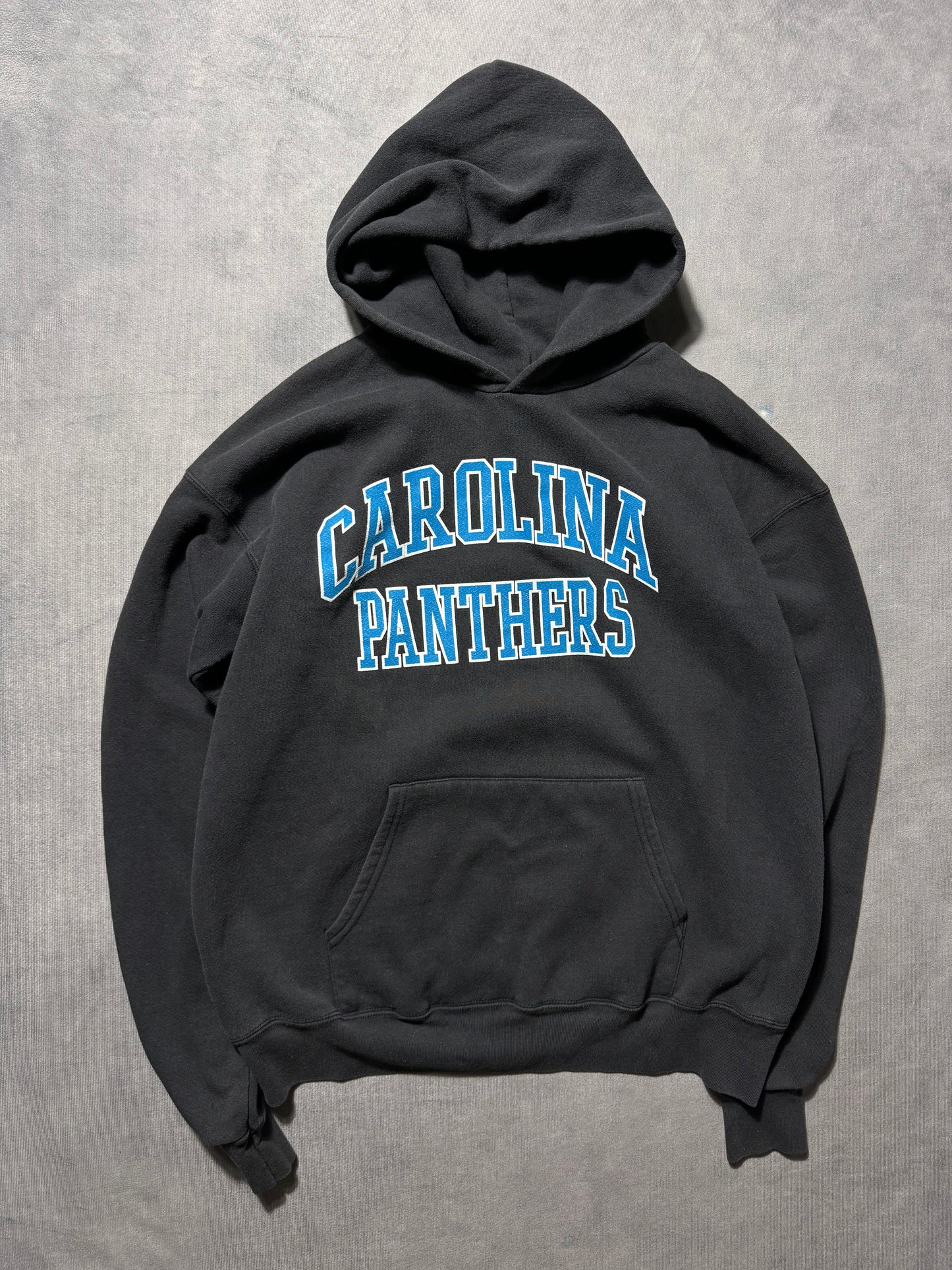 00’s Carolina Panthers Vintage Black Arch Logo Spellout Heavyweight NFL Hoodie (Medium)