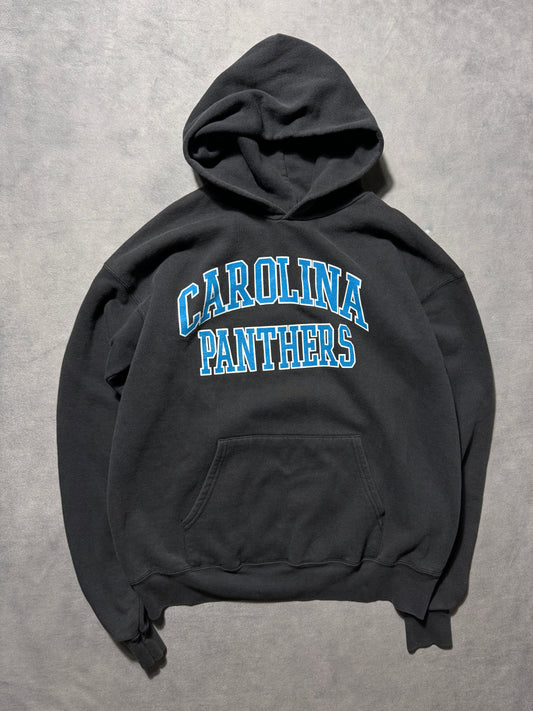 00’s Carolina Panthers Vintage Black Arch Logo Spellout Heavyweight NFL Hoodie (Medium)
