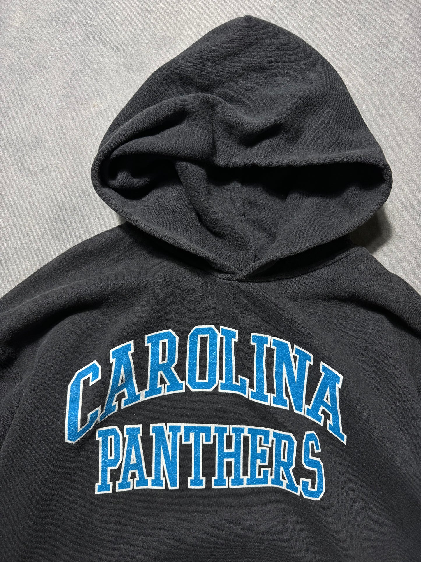 00’s Carolina Panthers Vintage Black Arch Logo Spellout Heavyweight NFL Hoodie (Medium)