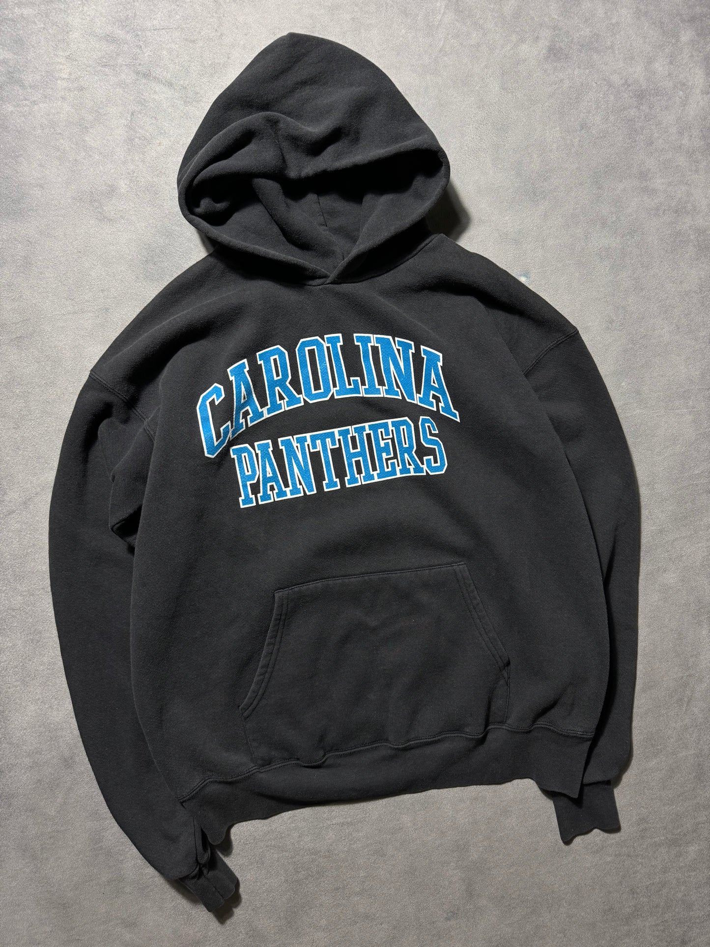 00’s Carolina Panthers Vintage Black Arch Logo Spellout Heavyweight NFL Hoodie (Medium)
