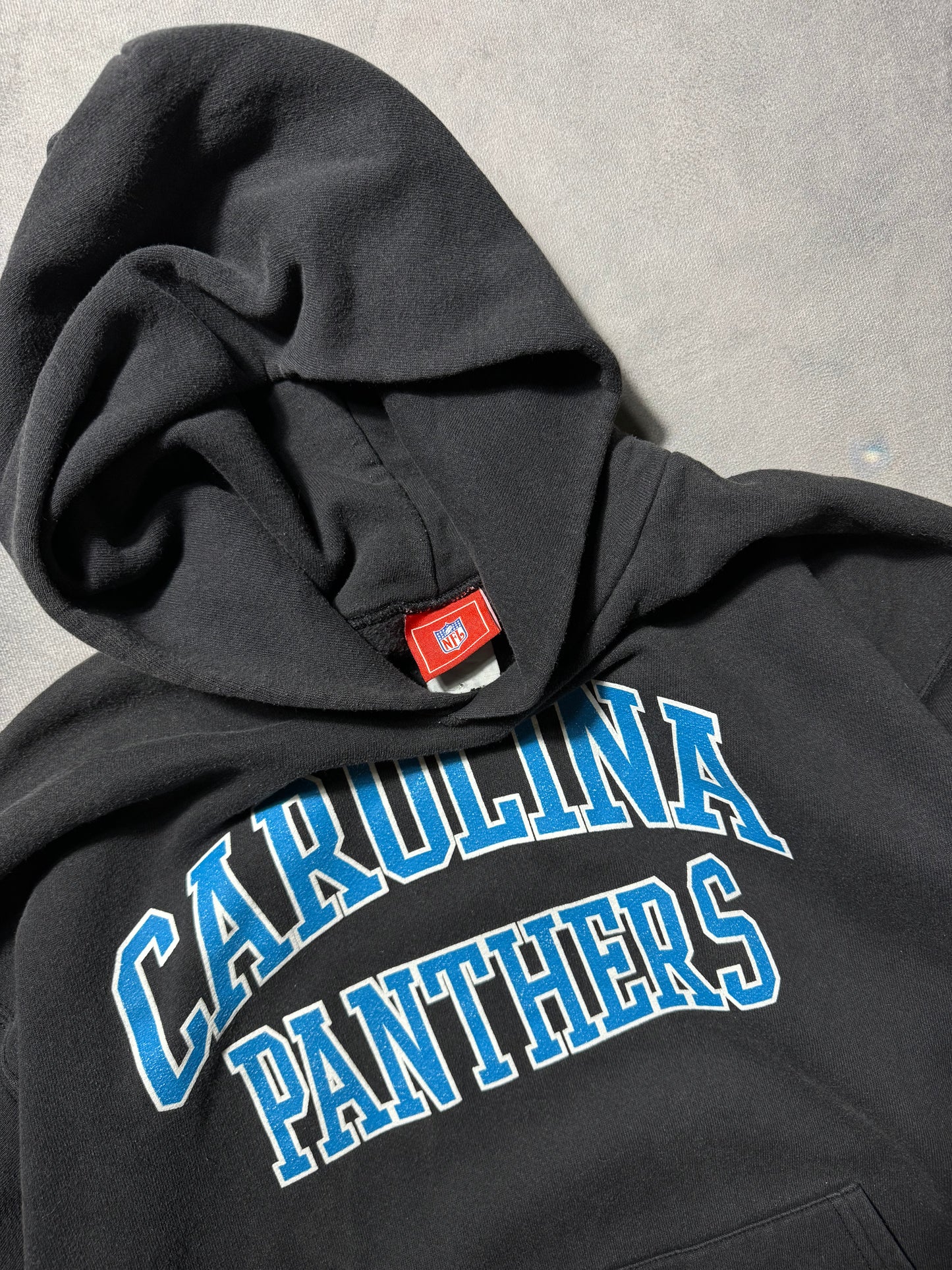 00’s Carolina Panthers Vintage Black Arch Logo Spellout Heavyweight NFL Hoodie (Medium)