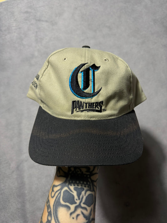 1995 Carolina Panthers Vintage Khaki Old English Inaugural Season Multi Logo NFL Snapback Hat (OSFA)