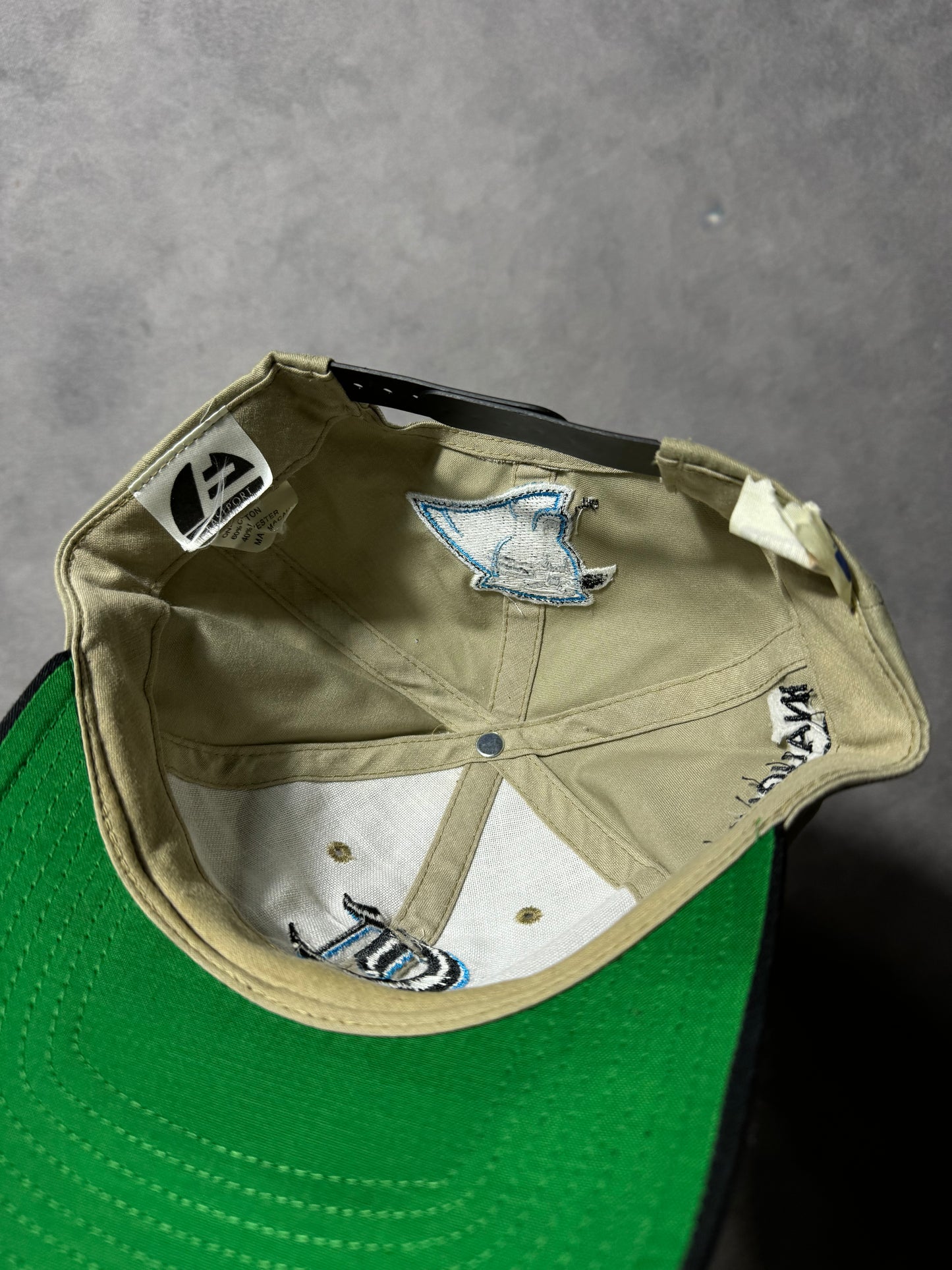 1995 Carolina Panthers Vintage Khaki Old English Inaugural Season Multi Logo NFL Snapback Hat (OSFA)