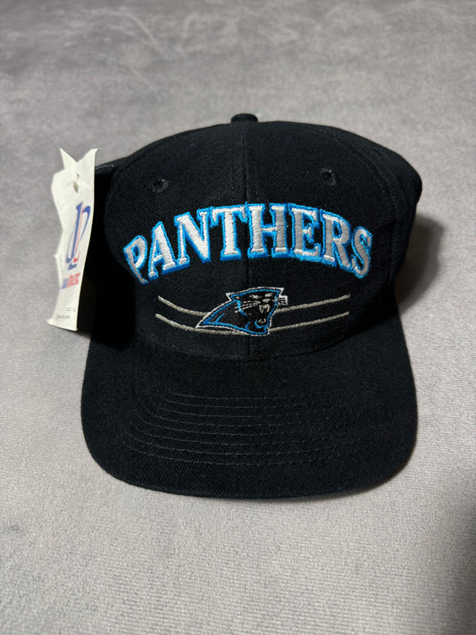 90’s Carolina Panthers Vintage Black Arch Spellout Logo Athletic Strapback NFL Hat - Deadstock (OSFA)