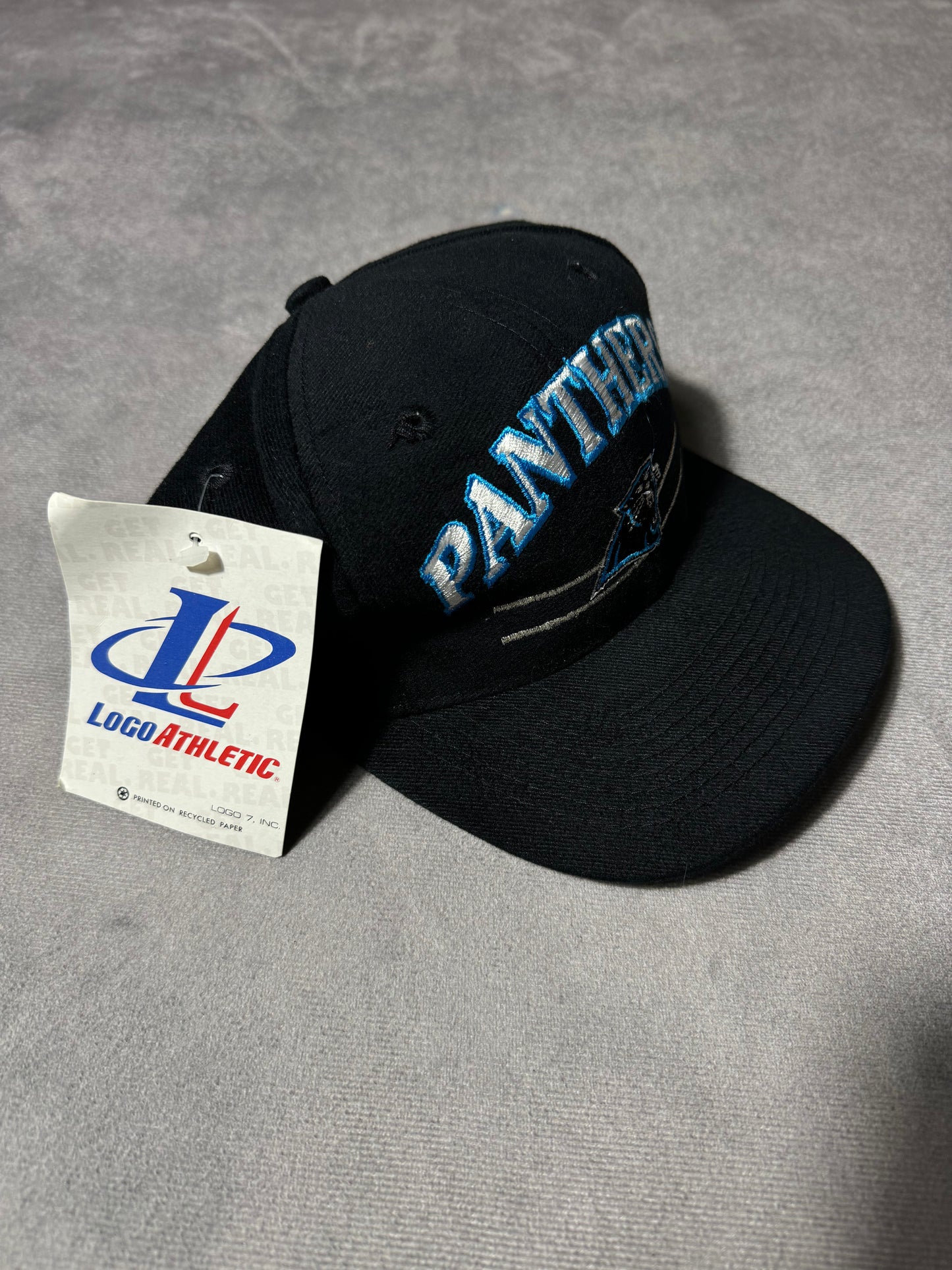 90’s Carolina Panthers Vintage Black Arch Spellout Logo Athletic Strapback NFL Hat - Deadstock (OSFA)