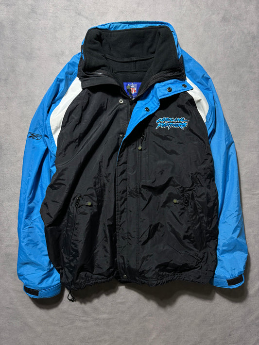 00’s Carolina Panthers Vintage Reebok Colorblocked Fleece Lined Detachable Cat Scratch Font Ski Style NFL Jacket (Large)