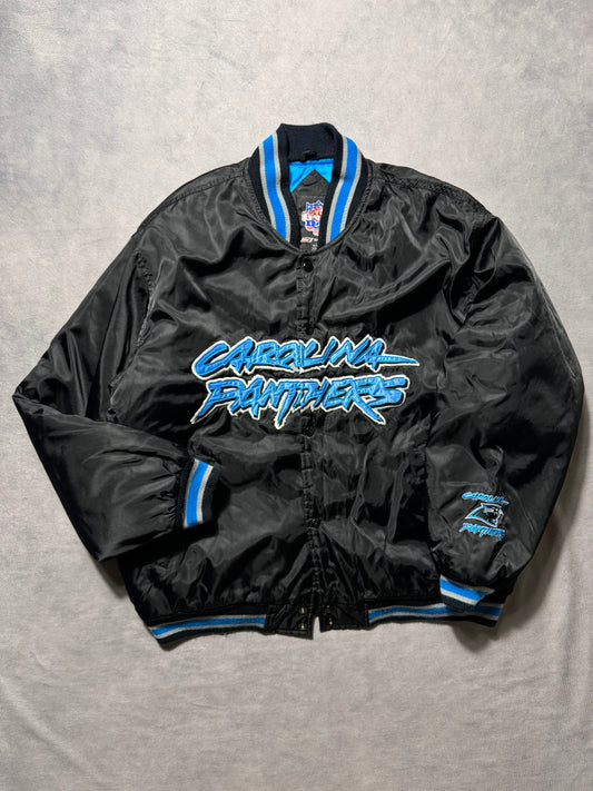 00’s Carolina Panthers Vintage Black Big Cat Scratch Font Spellout Embroidered NFL Satin Jacket (Large)