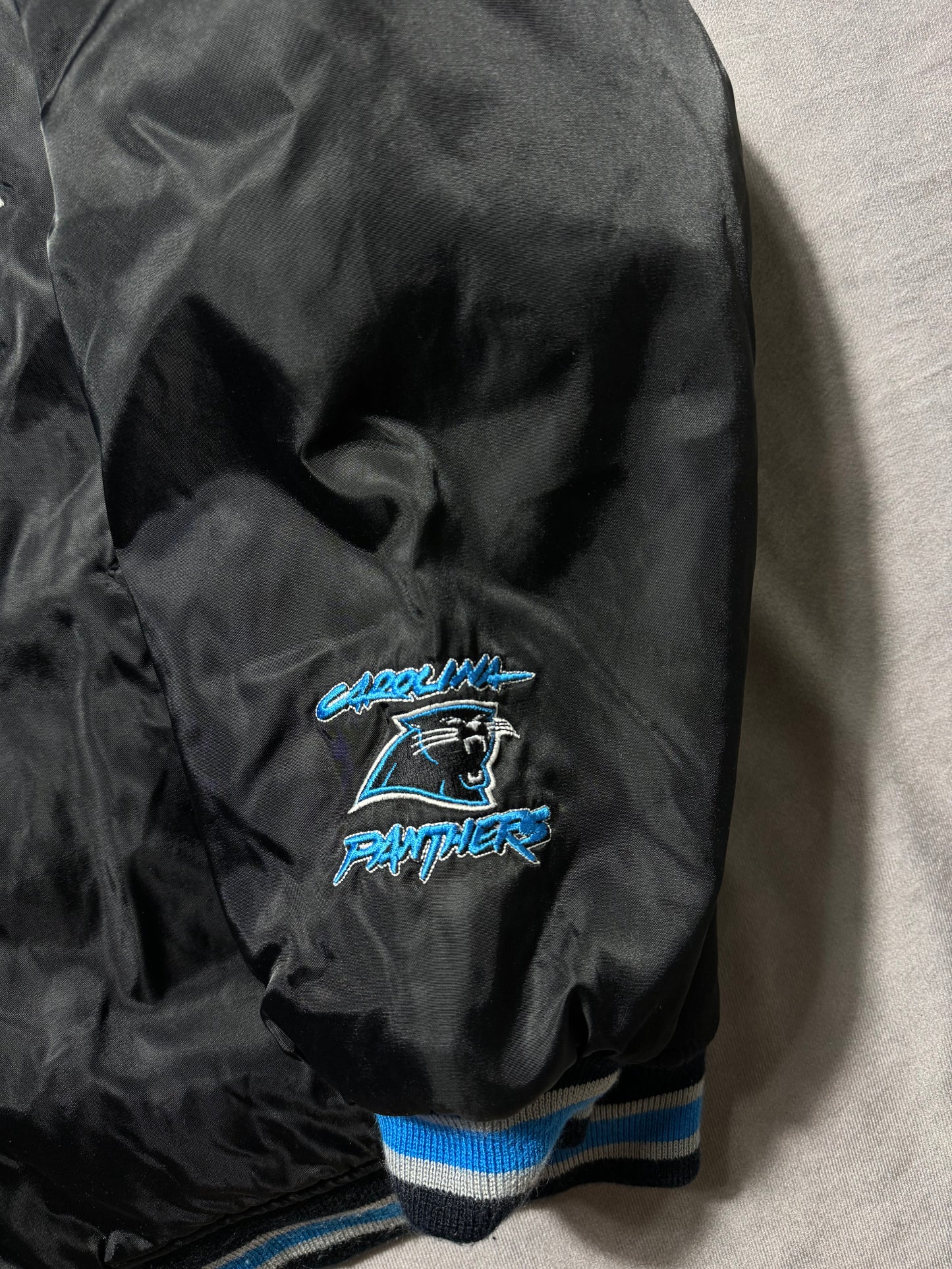 00’s Carolina Panthers Vintage Black Big Cat Scratch Font Spellout Embroidered NFL Satin Jacket (Large)