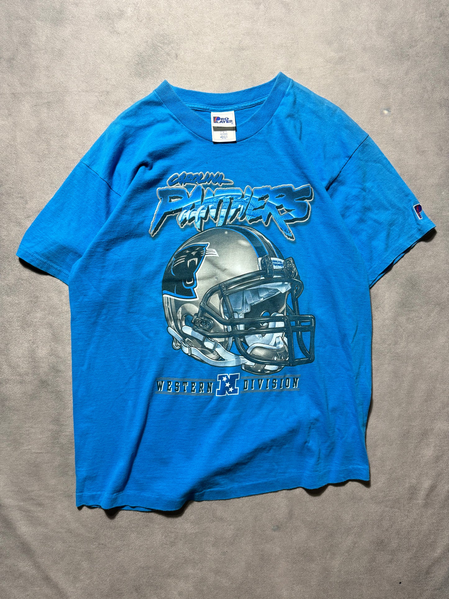 90’s Carolina Panthers Vintage Blue Pro Player Cat Scratch Font NFC Western Division Helmet NFL Tee (Large)