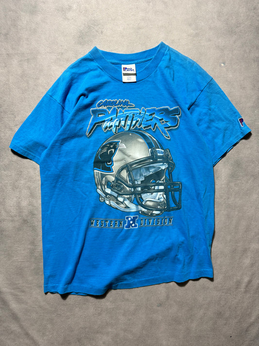 90’s Carolina Panthers Vintage Blue Pro Player Cat Scratch Font NFC Western Division Helmet NFL Tee (Large)
