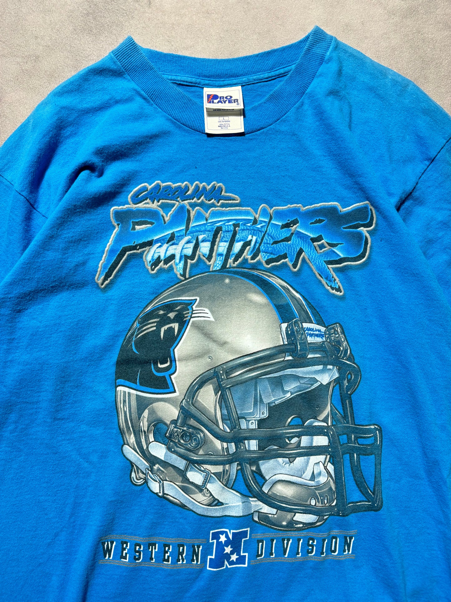 90’s Carolina Panthers Vintage Blue Pro Player Cat Scratch Font NFC Western Division Helmet NFL Tee (Large)