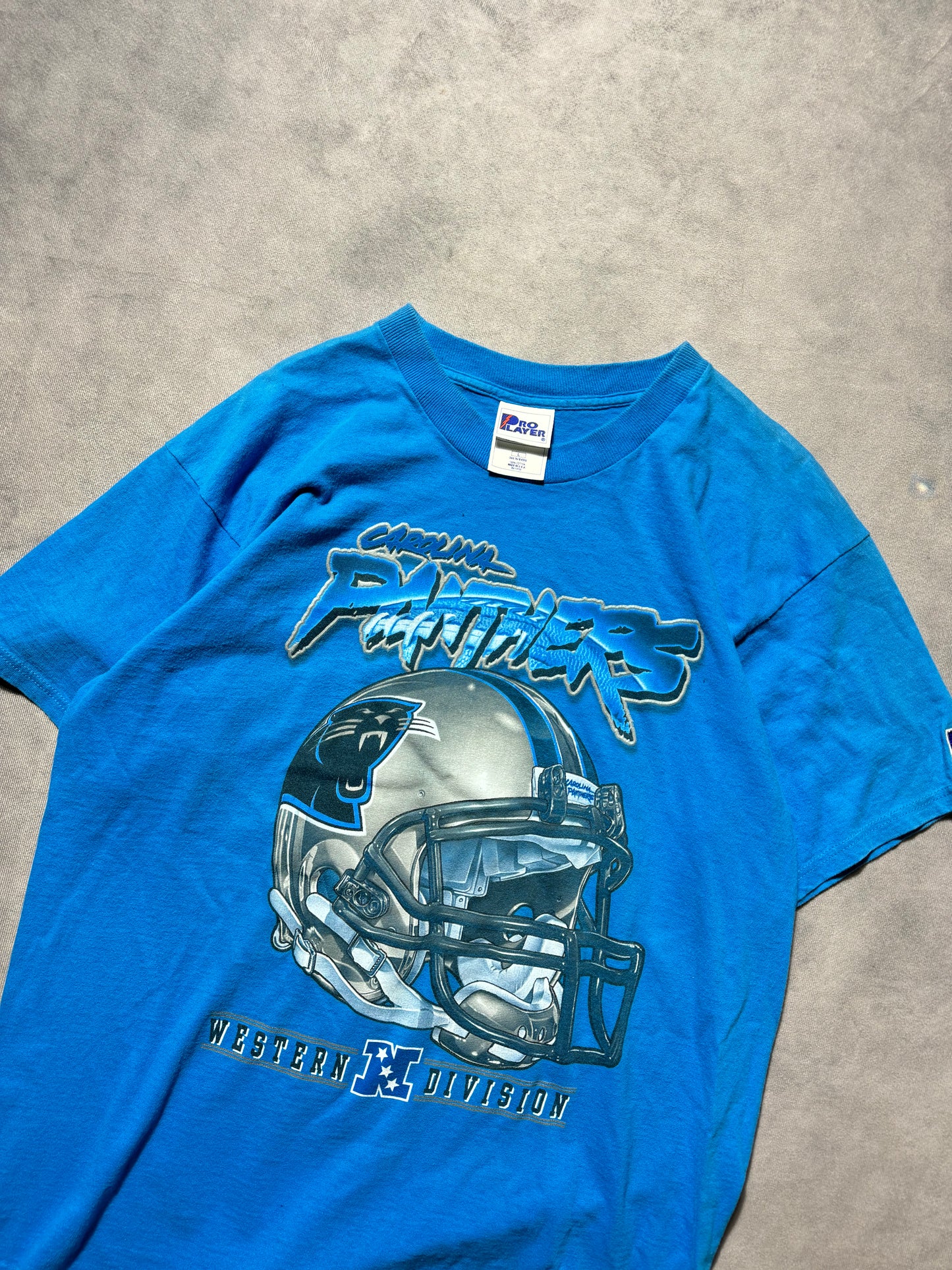 90’s Carolina Panthers Vintage Blue Pro Player Cat Scratch Font NFC Western Division Helmet NFL Tee (Large)
