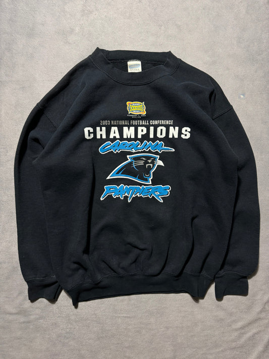 2003 Carolina Panthers Vintage NFC Champions Super Bowl XXXVIII Cat Scratch Font Logo NFL Crewneck (Medium)