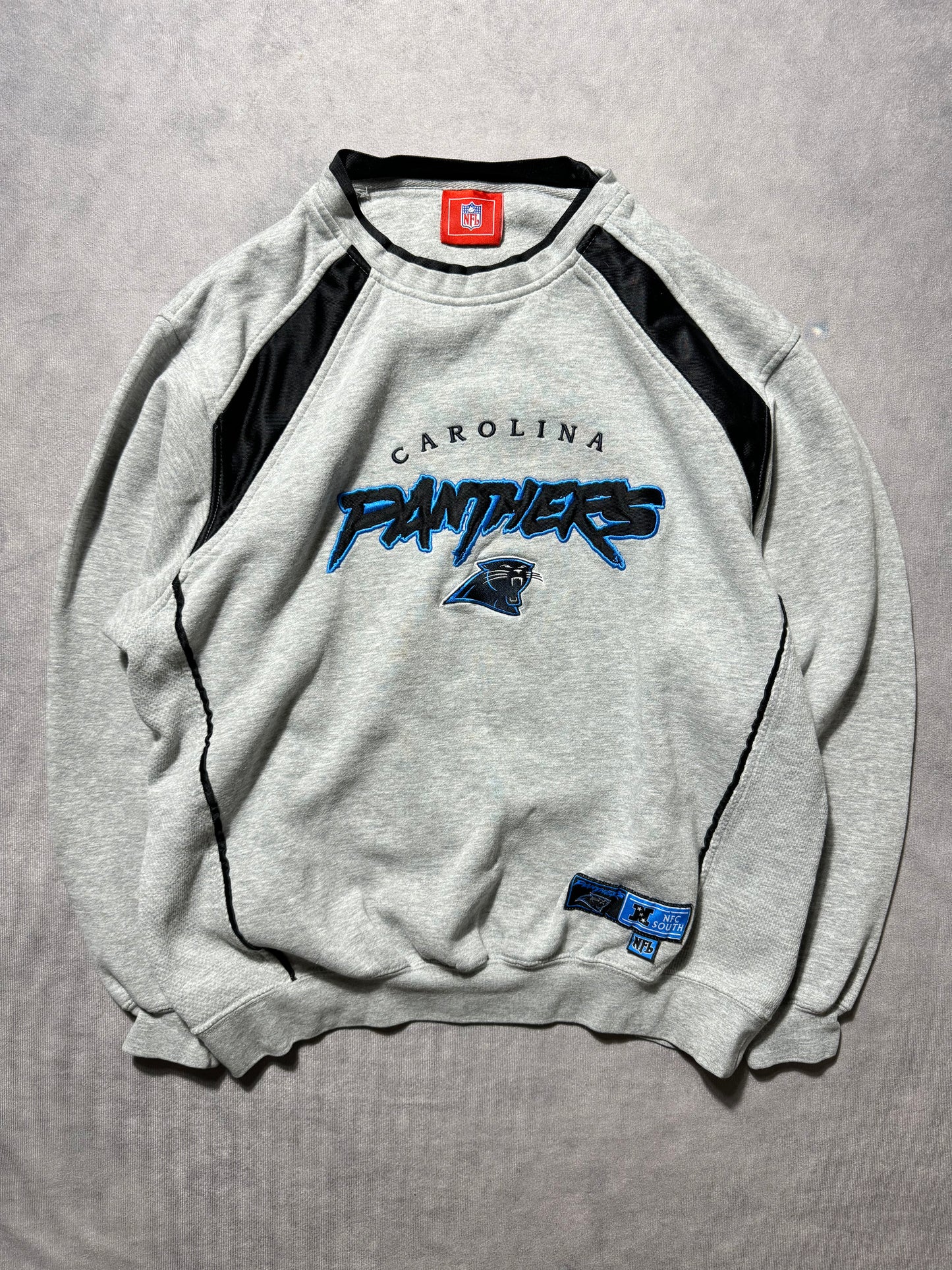 00’s Carolina Panthers Vintage Grey Embroidered Cat Scratch Font Heavyweight NFL Crewneck (Medium)