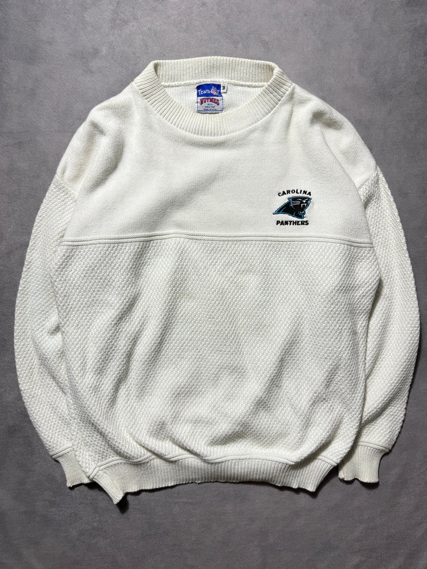 90’s Carolina Panthers Vintage White Nutmeg Mills Embroidered Woven Knit NFL Sweater (Medium)