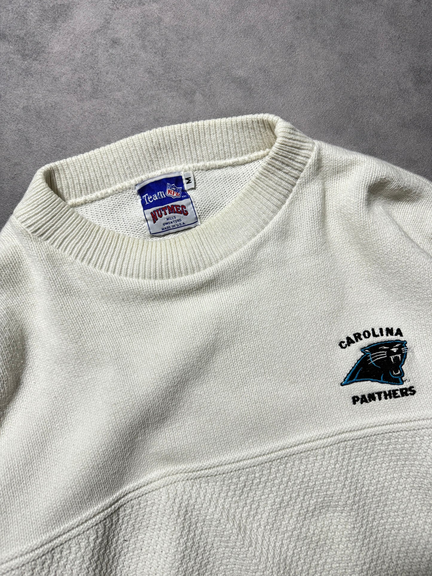90’s Carolina Panthers Vintage White Nutmeg Mills Embroidered Woven Knit NFL Sweater (Medium)
